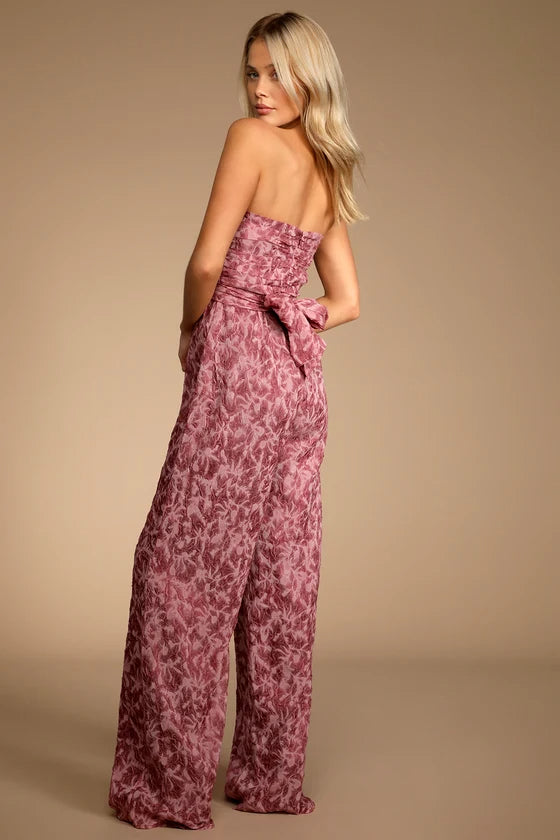 ORGANZA RUCHED STRAPLESS WIDE LEG JUMPSUIT