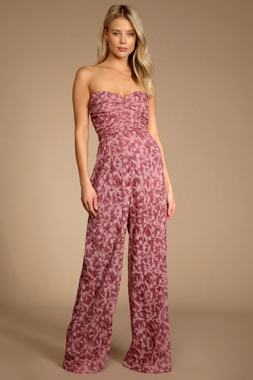 ORGANZA RUCHED STRAPLESS WIDE LEG JUMPSUIT