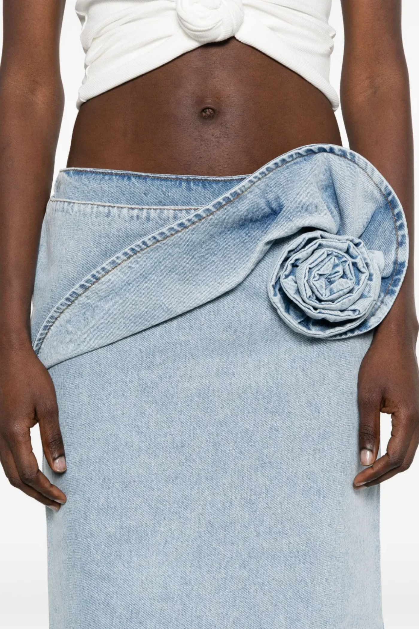 LAUNDRA FLORAL APPLIQUÉ DENIM MIDI SKIRT