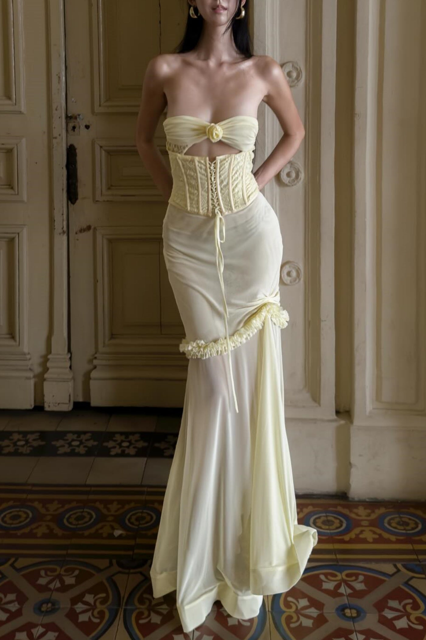 MESH CUTOUT CORSET MAXI DRESS YELLOW
