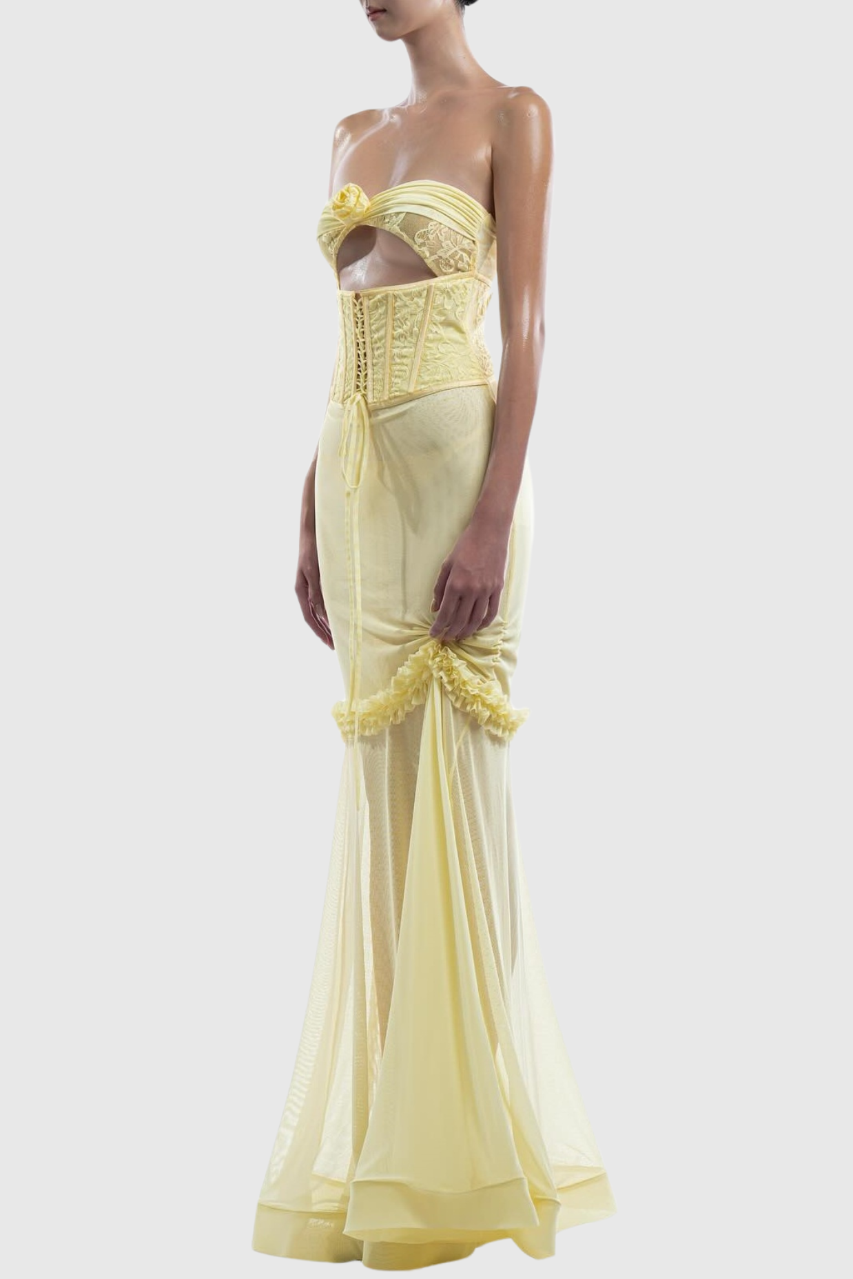 MESH CUTOUT CORSET MAXI DRESS YELLOW