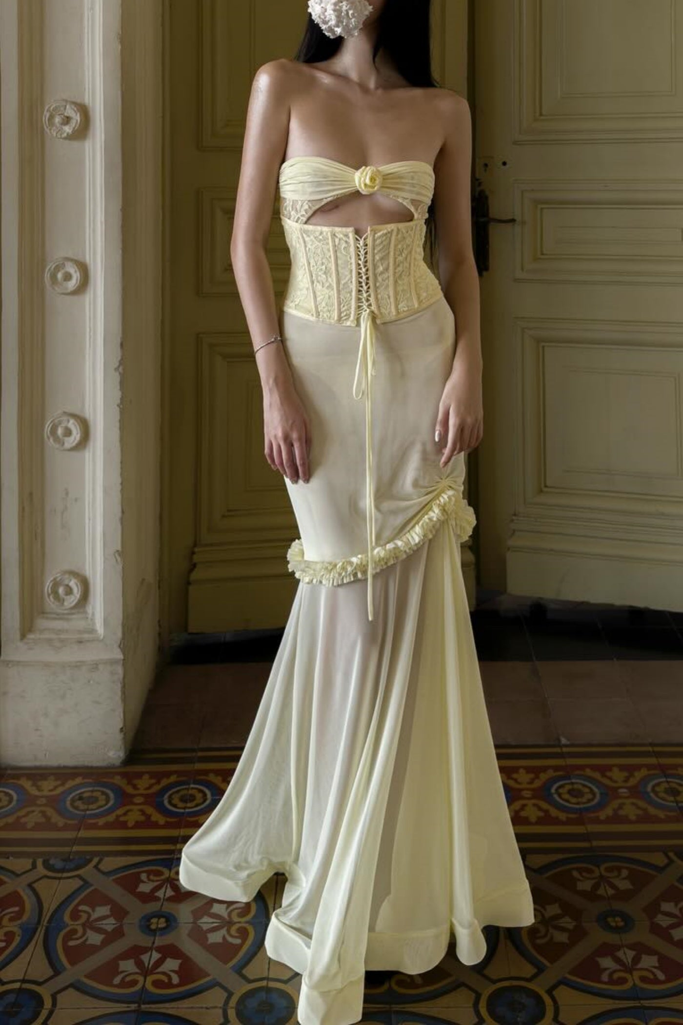 MESH CUTOUT CORSET MAXI DRESS YELLOW