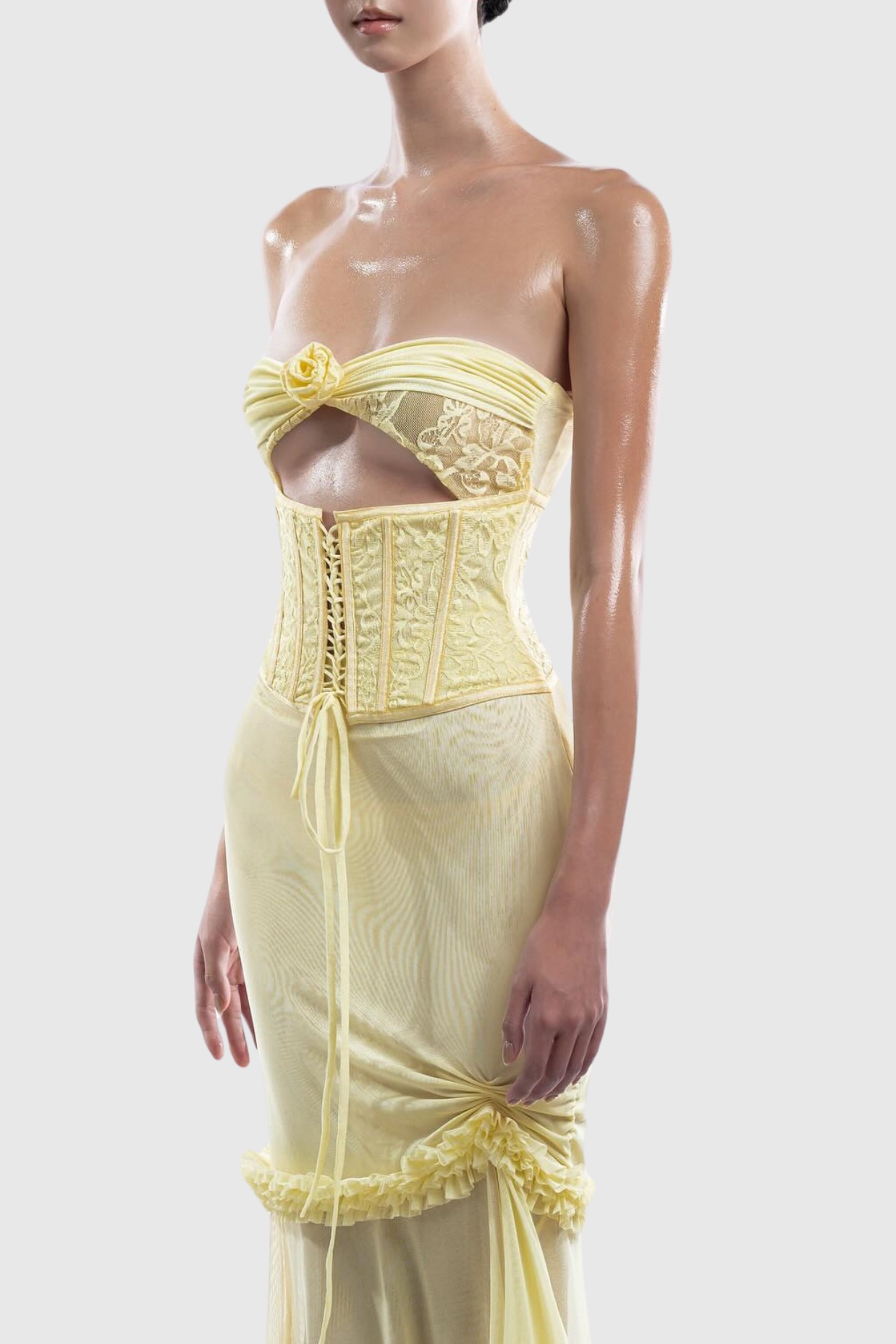 MESH CUTOUT CORSET MAXI DRESS YELLOW