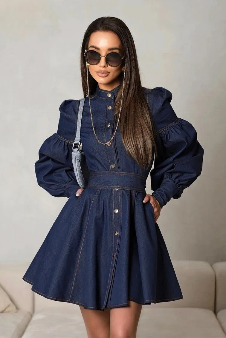 LENA PUFF SLEEVE DENIM MINI DRESS FOR PARTY