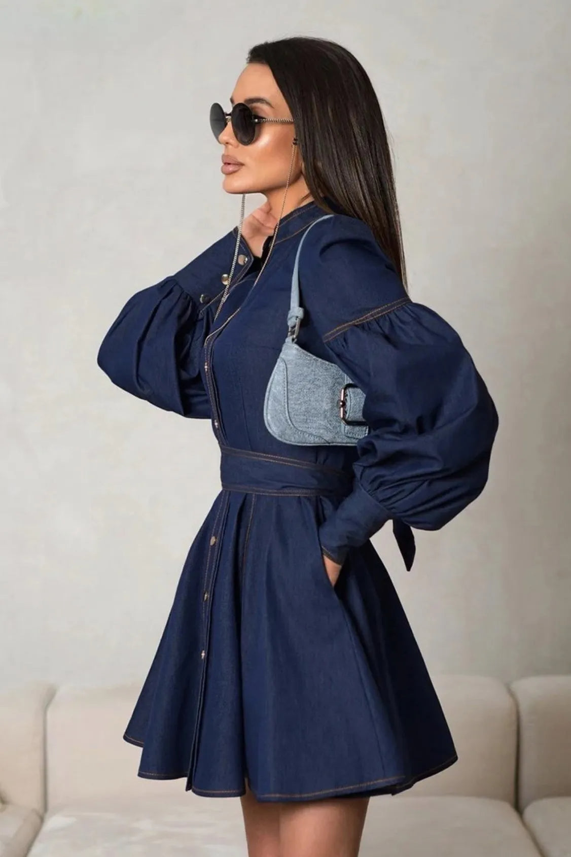 LENA PUFF SLEEVE DENIM MINI DRESS FOR PARTY