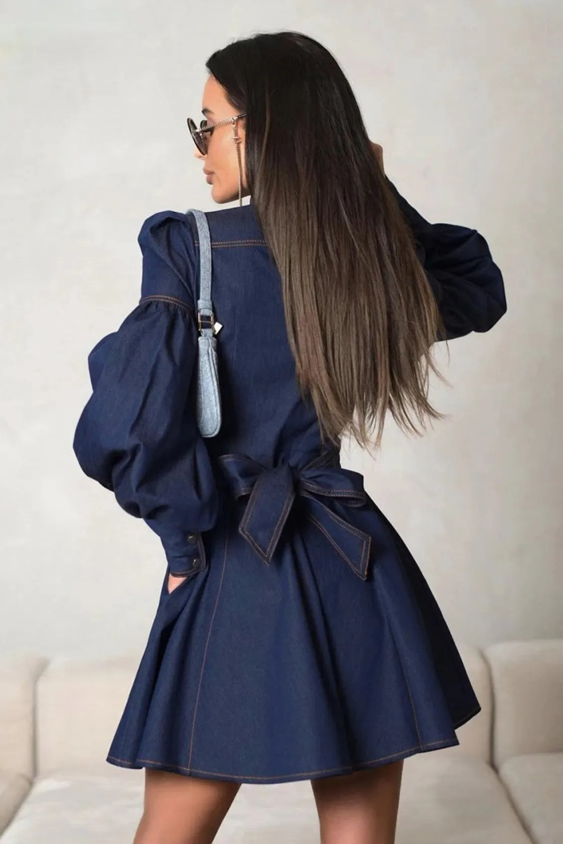 LENA PUFF SLEEVE DENIM MINI DRESS FOR PARTY