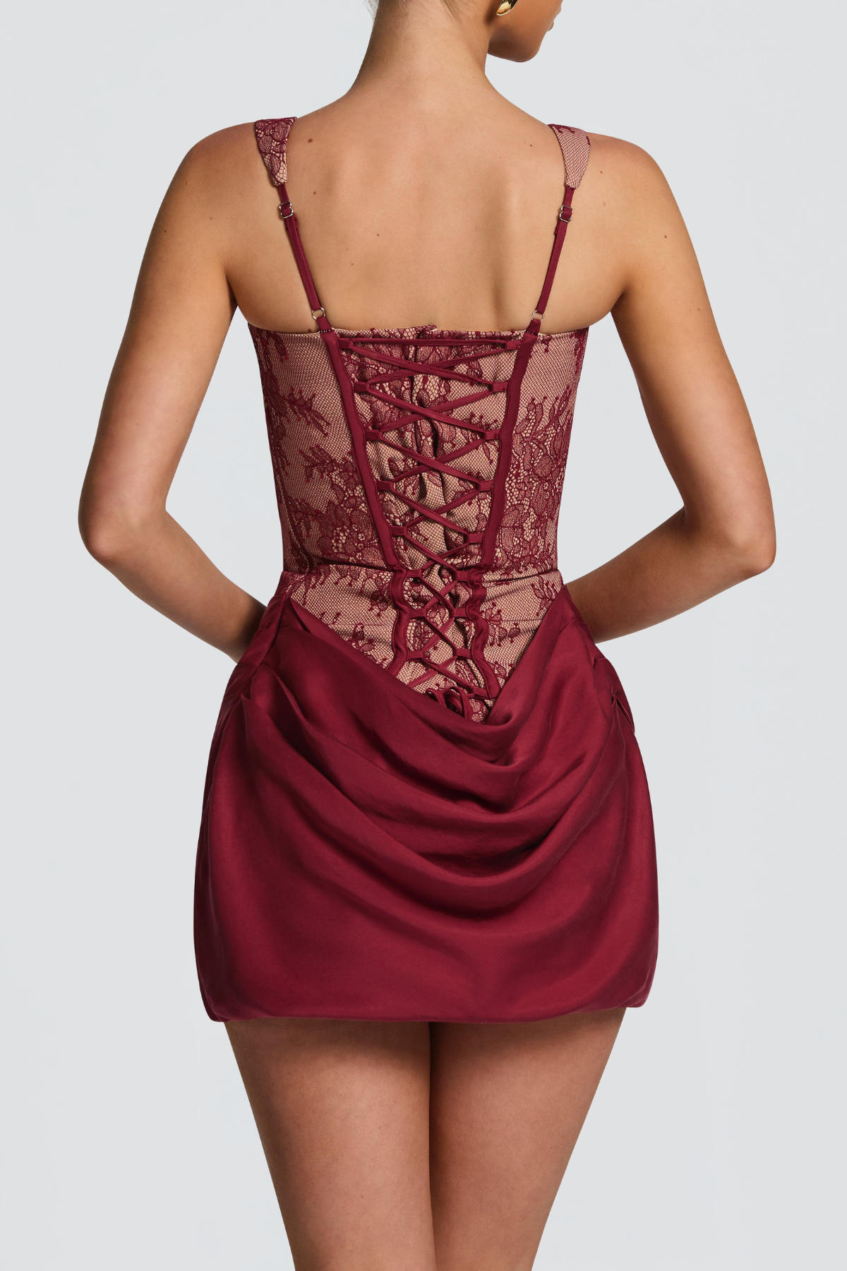 RED LACE CORSET RUCHED MINI DRESS