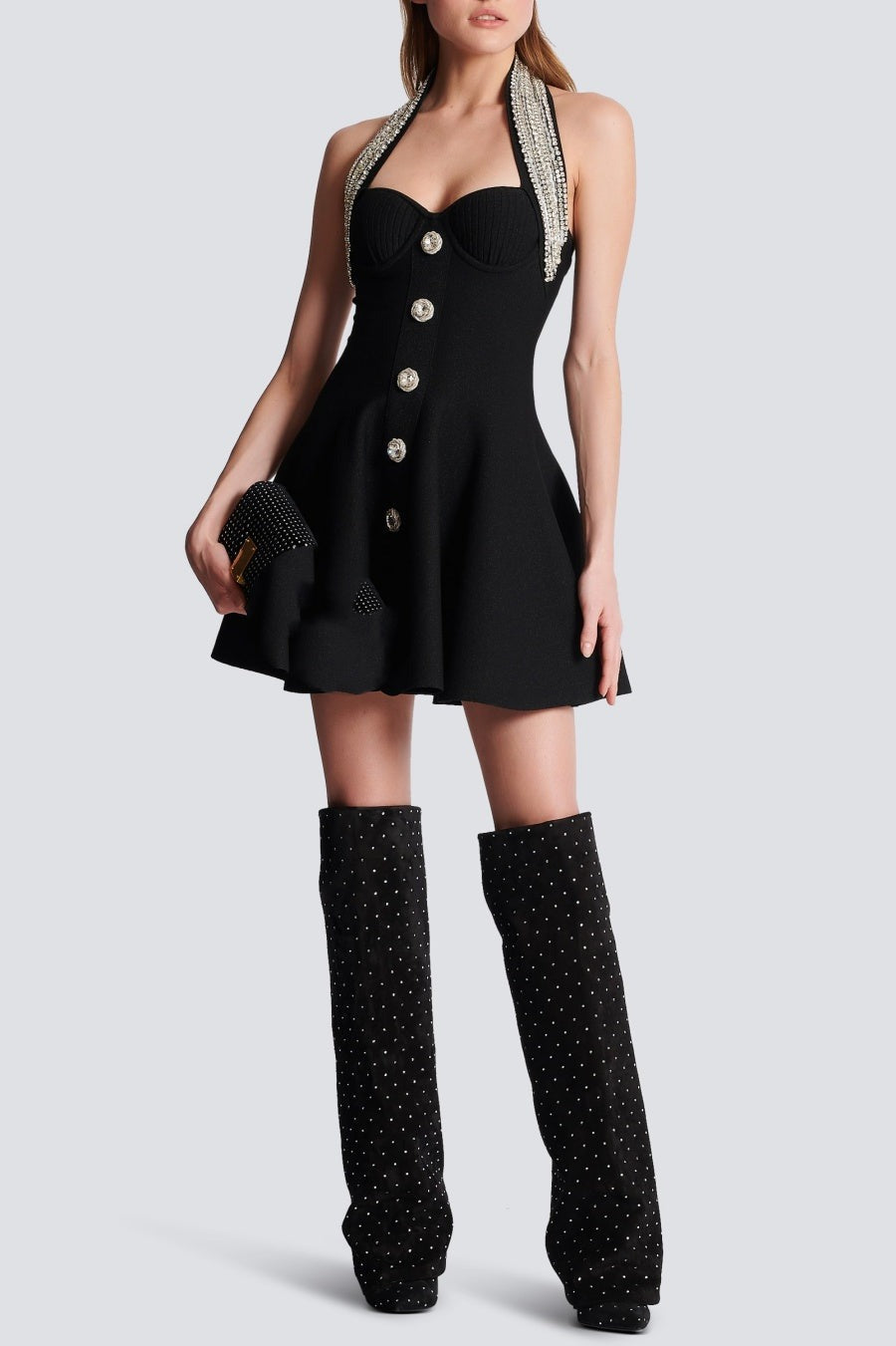 HALTER BUCKLE MINI DRESS BLACK COCKTAIL PARTY