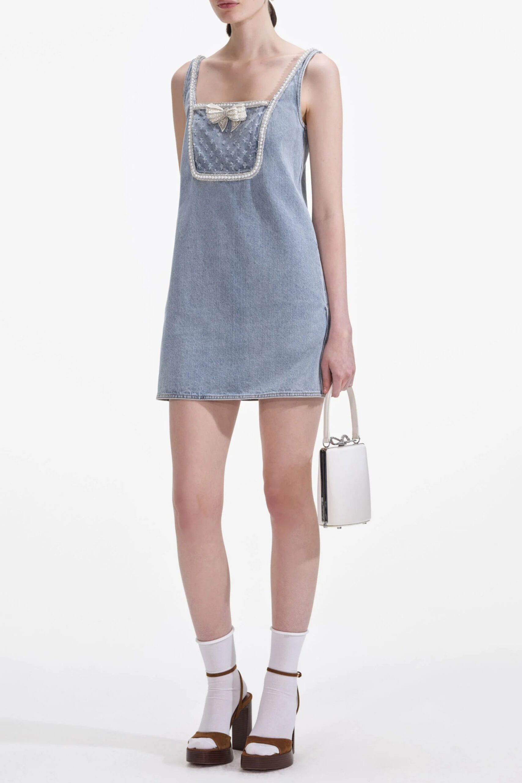LIGHT BLUE DENIM BOW MINI DRESS FOR PARTY