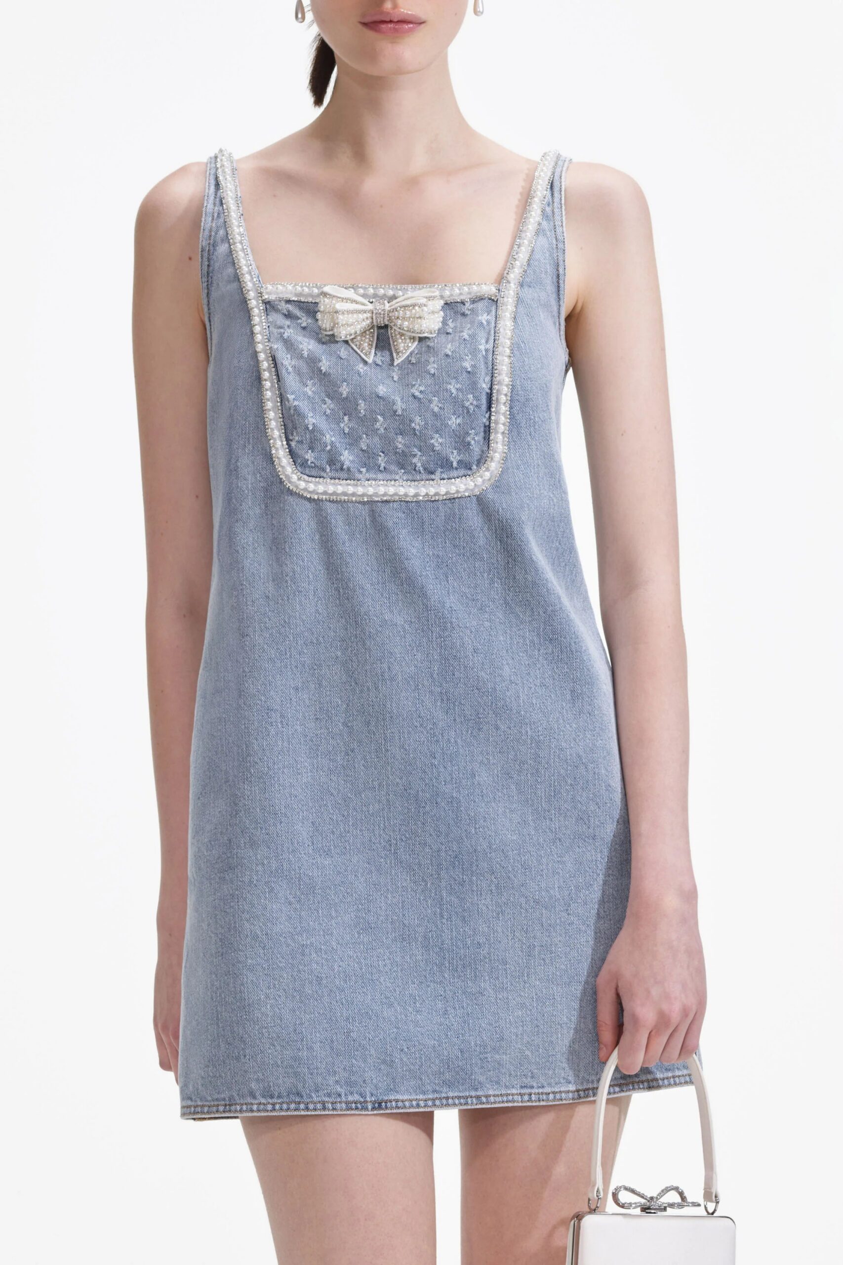 LIGHT BLUE DENIM BOW MINI DRESS FOR PARTY