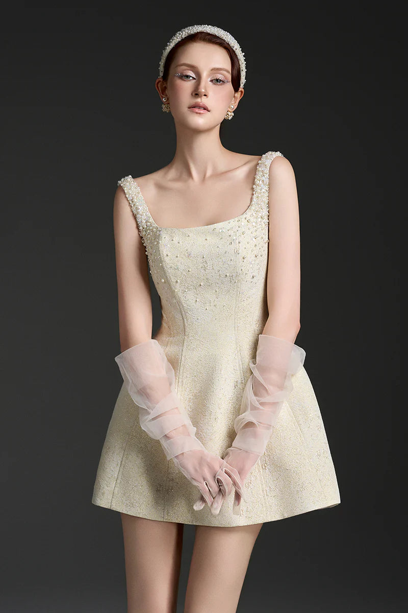 YELLOW BROCADE MINI DRESS | SILK LINED LACQUERED PARTY
