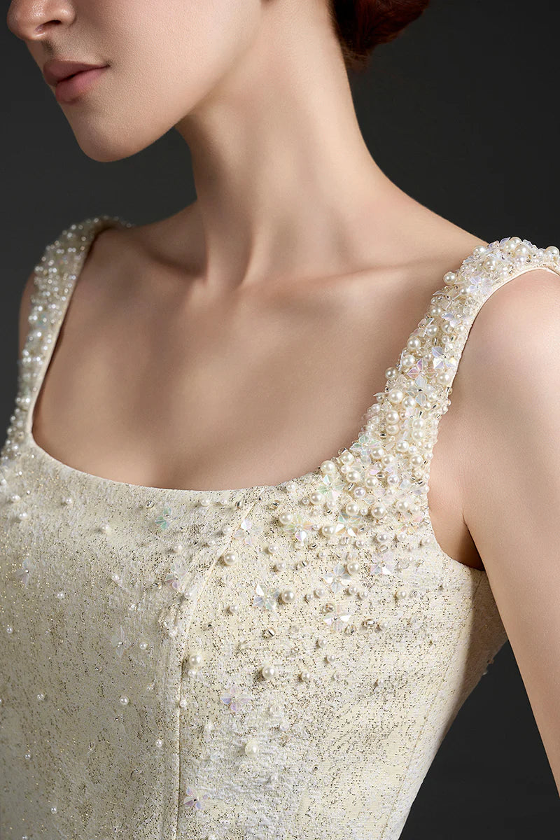 YELLOW BROCADE MINI DRESS | SILK LINED LACQUERED PARTY