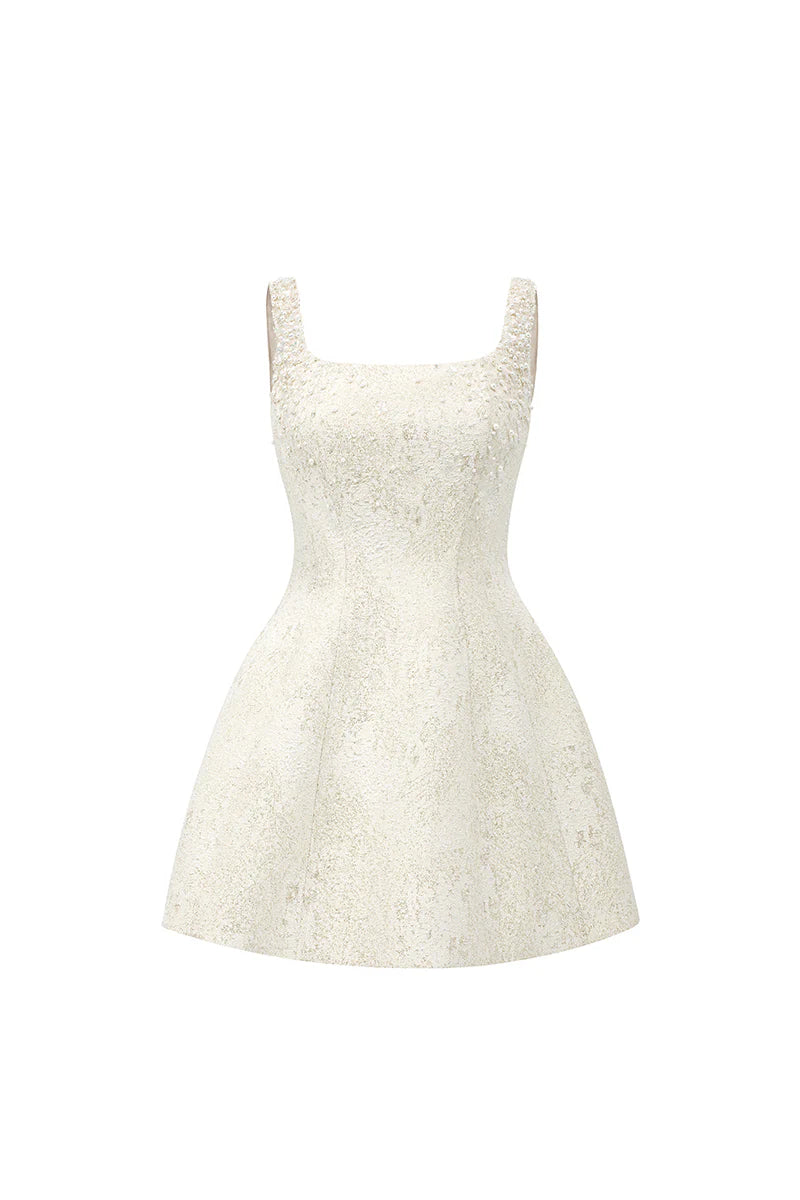 YELLOW BROCADE MINI DRESS | SILK LINED LACQUERED PARTY
