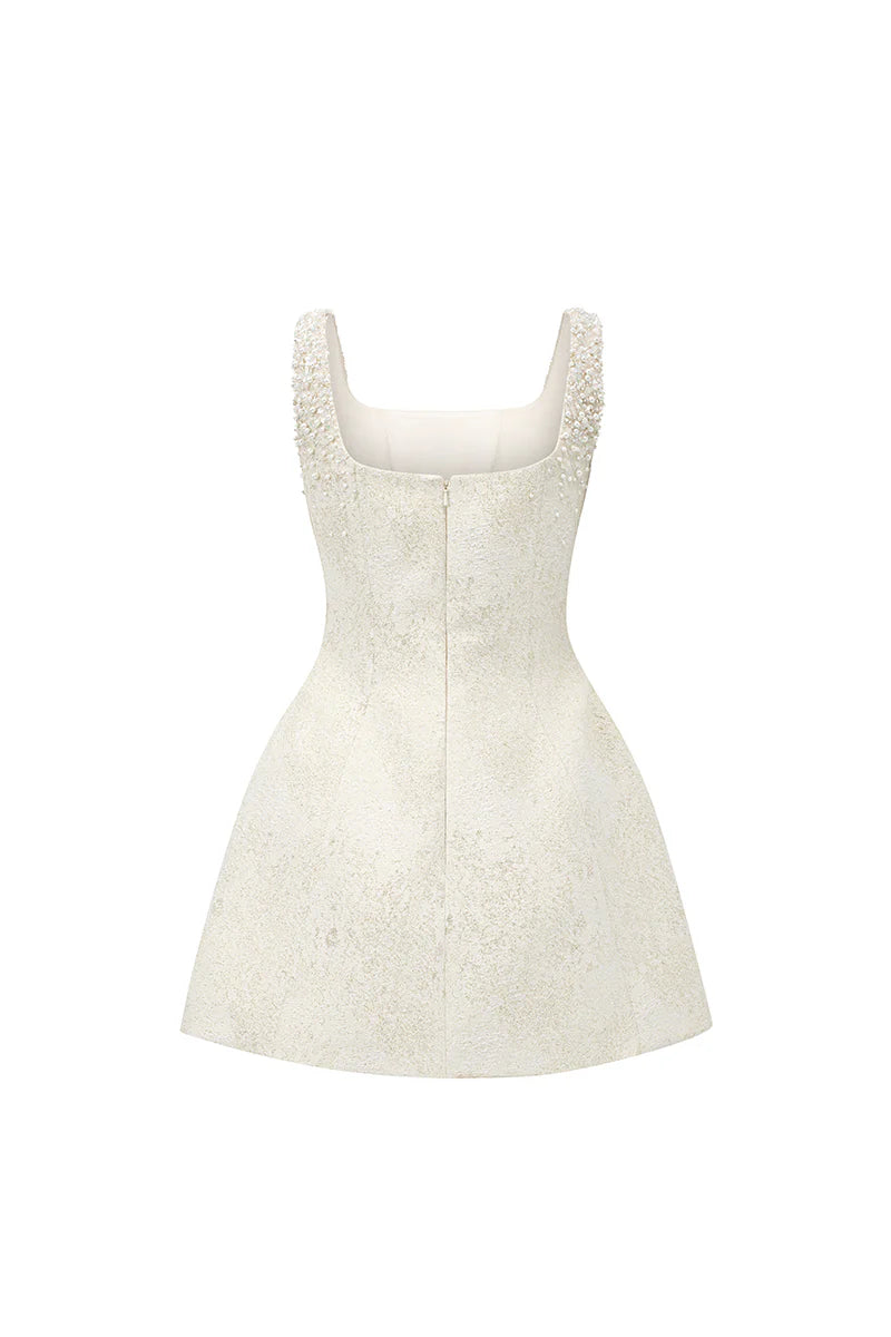 YELLOW BROCADE MINI DRESS | SILK LINED LACQUERED PARTY