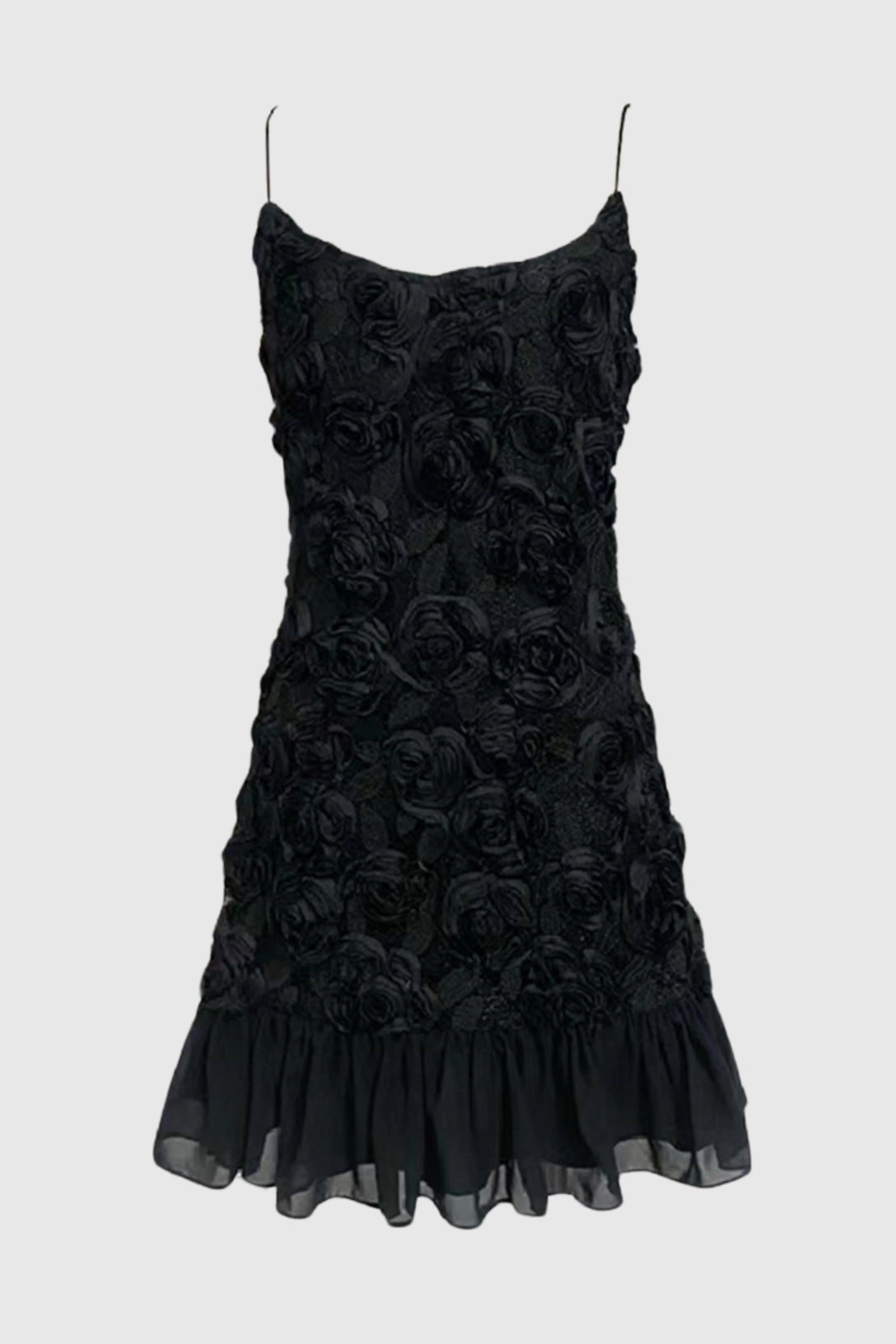BLACK LILLIE SPAGHETTI FLORAL RUFFLE MINI DRESS