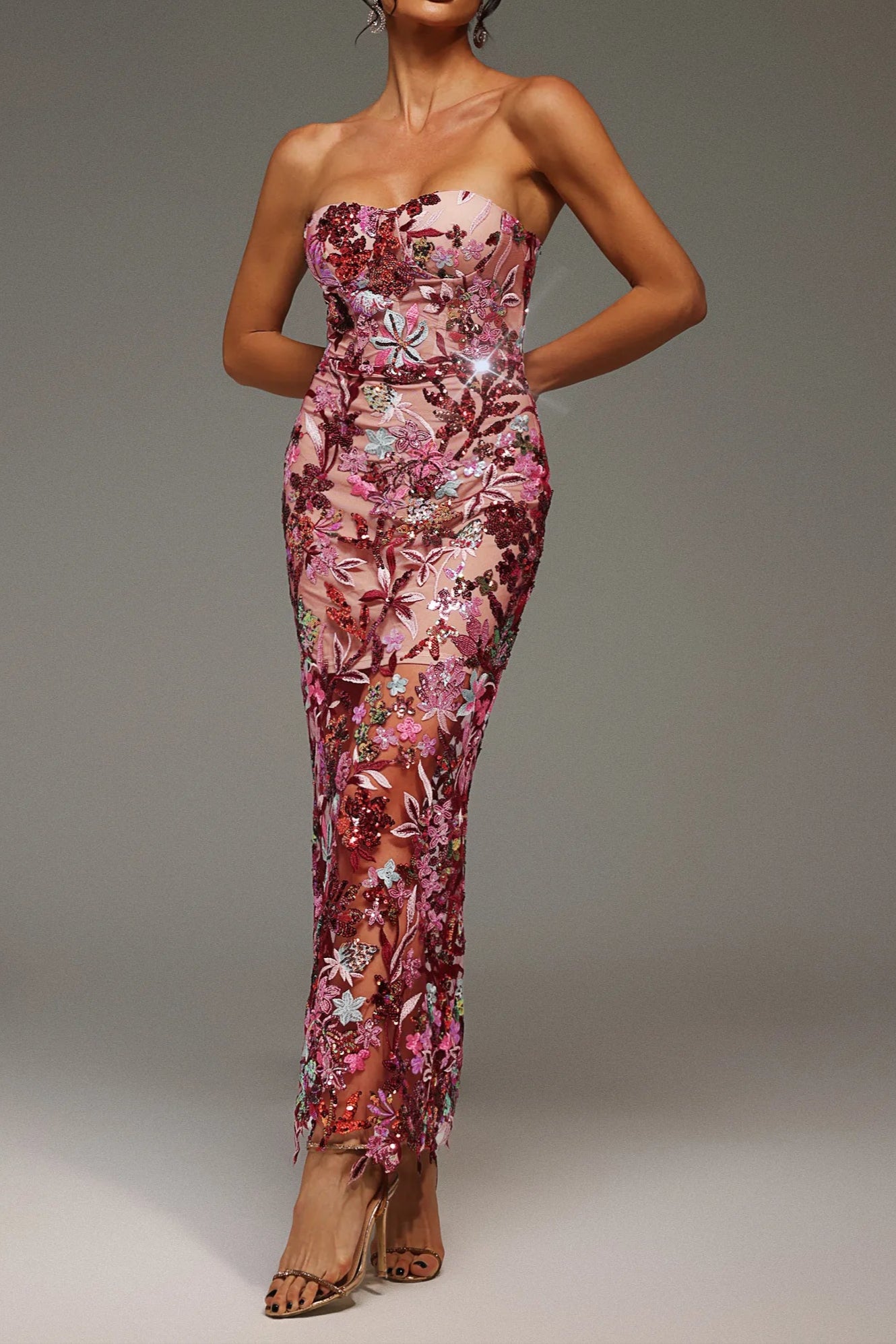 ARABELA CHACHI RED STRAPLESS EMBROIDERED MAXI DRESS