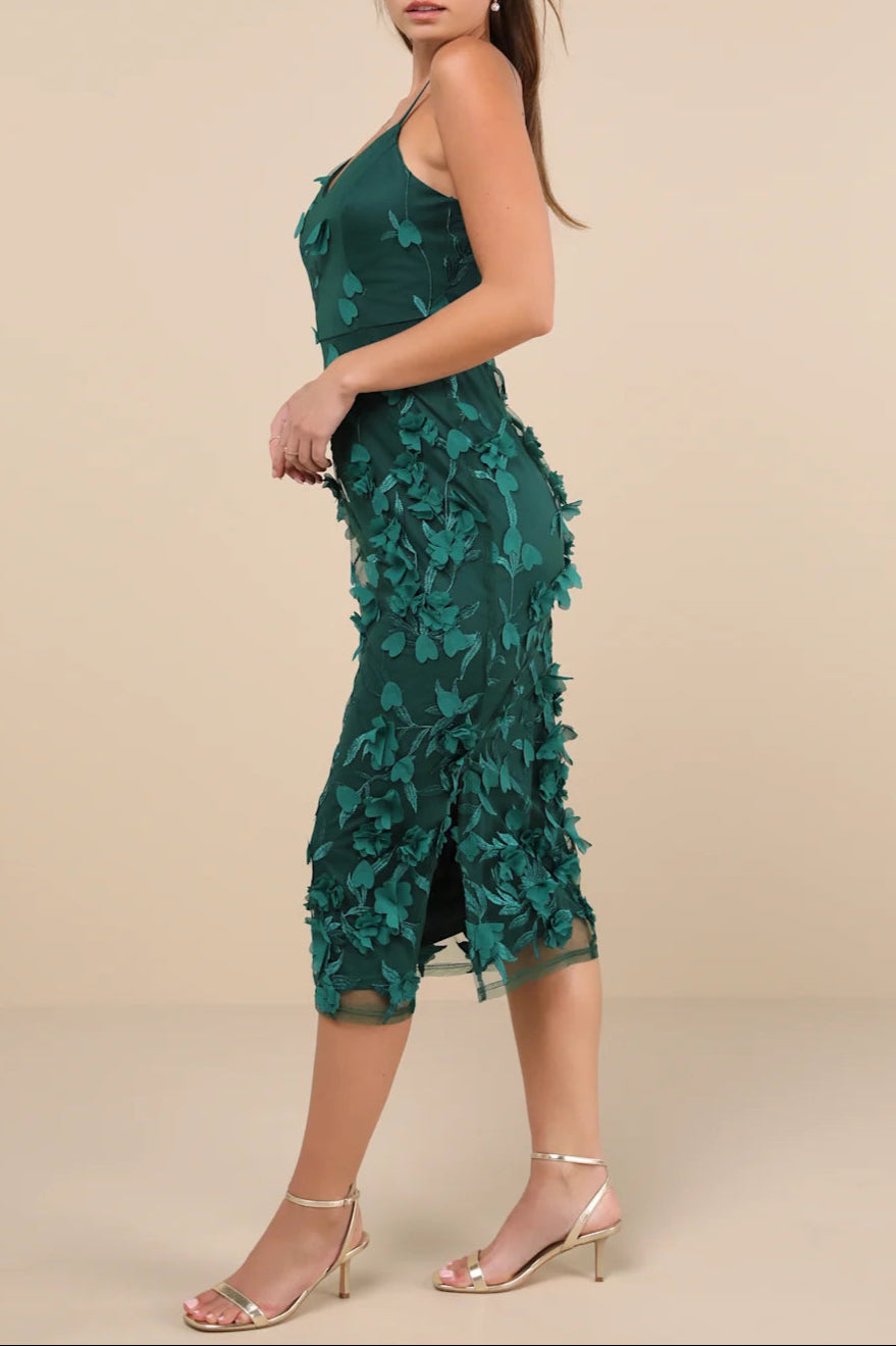 EMERALD FLORAL EMBROIDERED MIDI DRESS FOR EVENTS