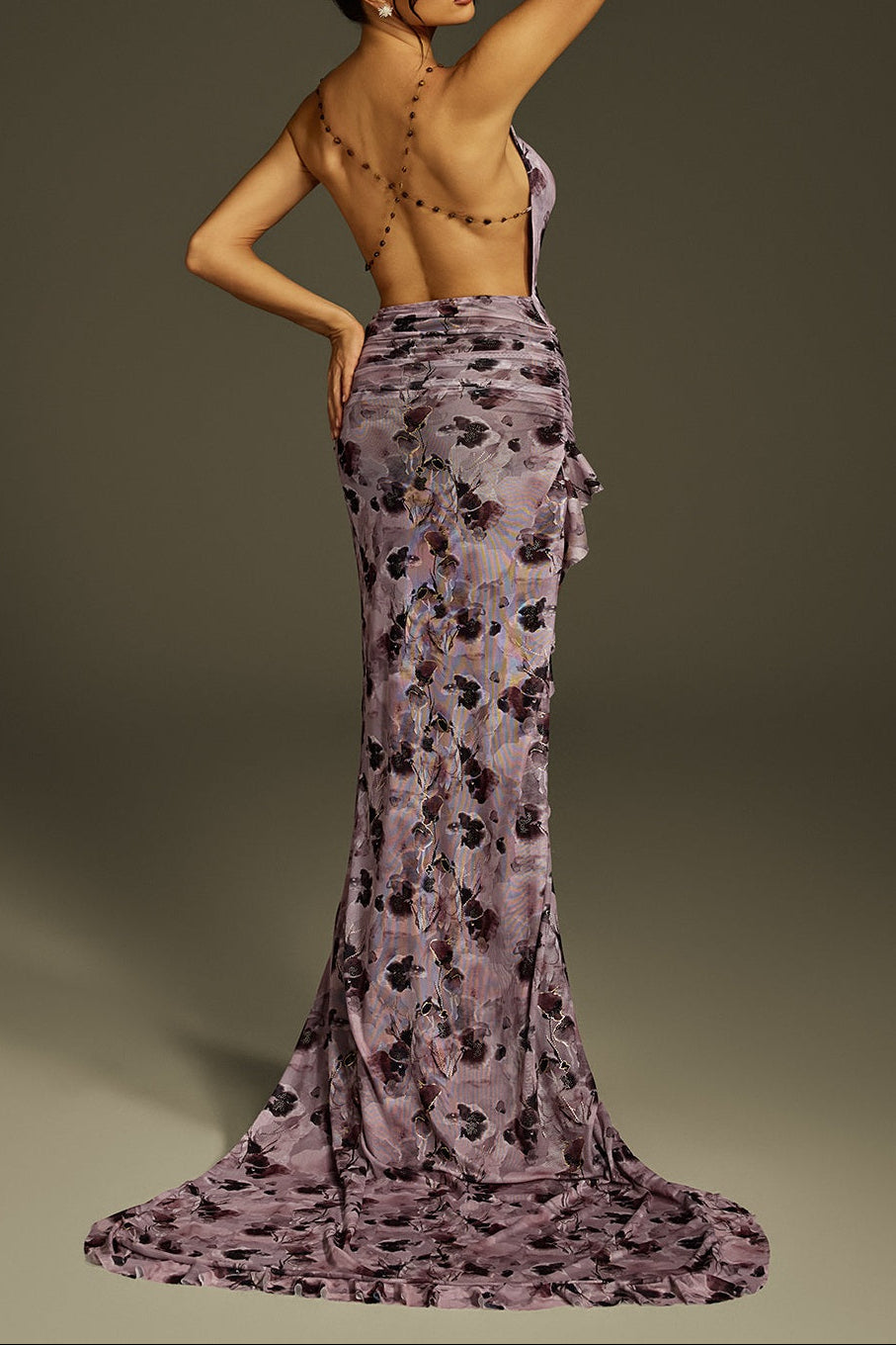 ASHLEY BACKLESS HIGH LOW MAXI DRESS PURPLE PRINTED