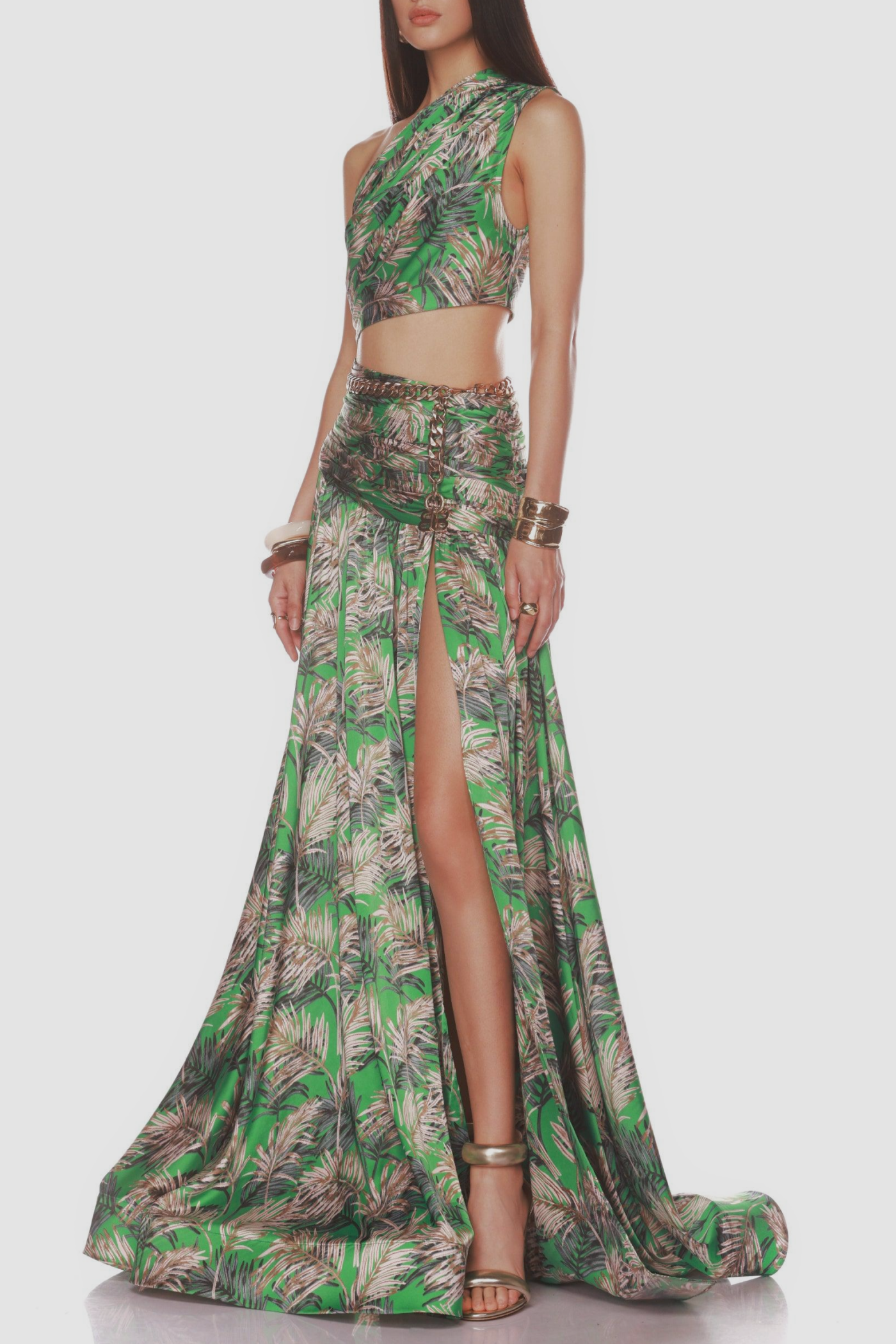 ONE SHOULDER LEAF PRINT TWO-PIECE SUMMER SET