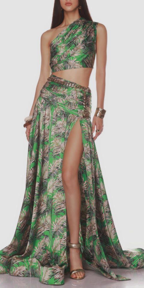 One Shoulder Leave Print Two Piece Set - tropical print two-piece set - green printed skirt set One Shoulder Leave Print Two Piece Set - tropical print two-piece set - green printed skirt set