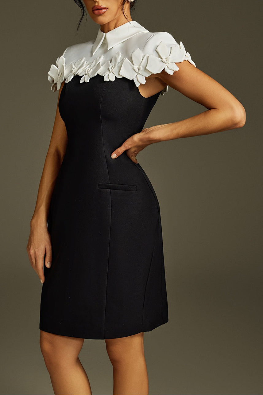 ALMA COLLAR FLOWER MINI DRESS BLACK COCKTAIL PARTY