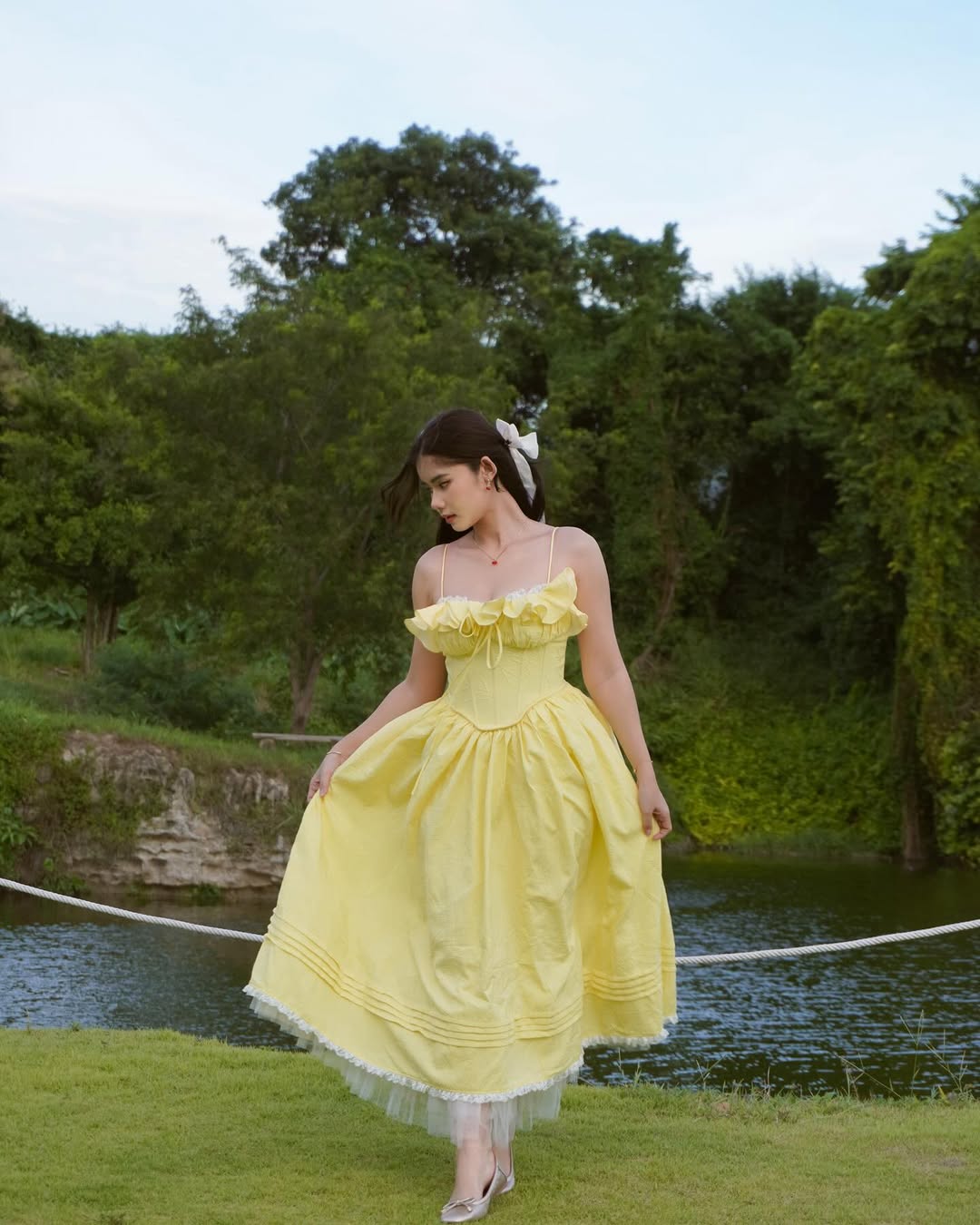 RUFFLE CORSET PUFFY MAXI DRESS YELLOW