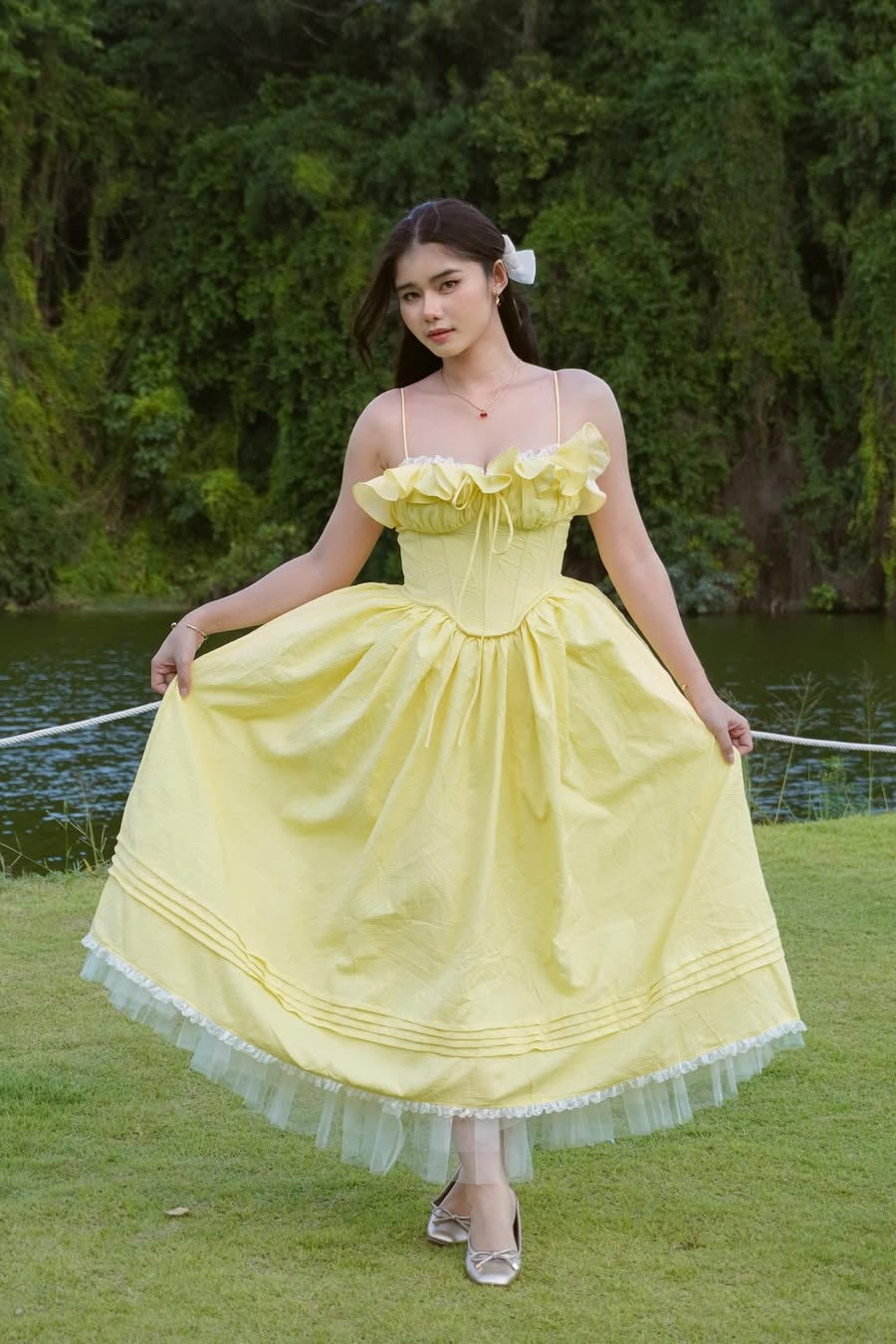 RUFFLE CORSET PUFFY MAXI DRESS YELLOW