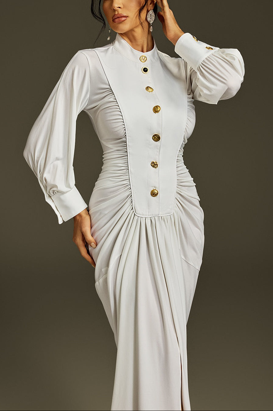 LEONA LONG SLEEVE RUCHED MIDI DRESS IN WHITE