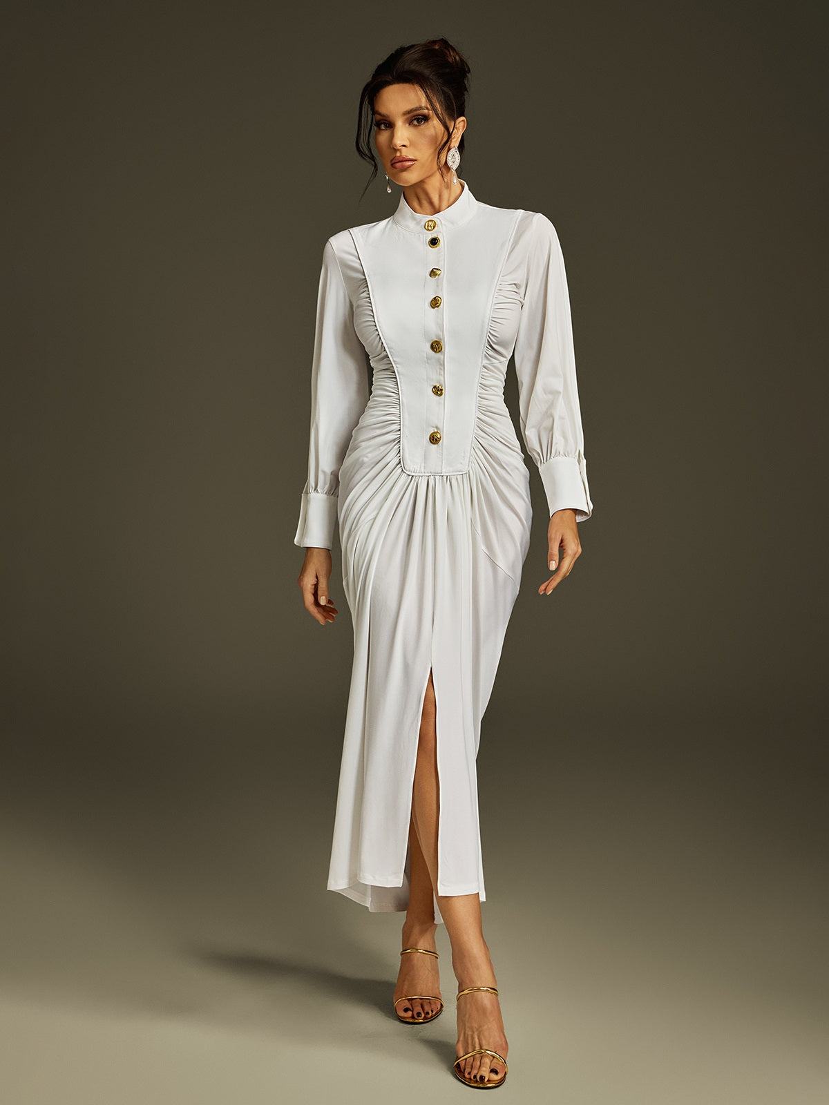 LEONA LONG SLEEVE RUCHED MIDI DRESS IN WHITE