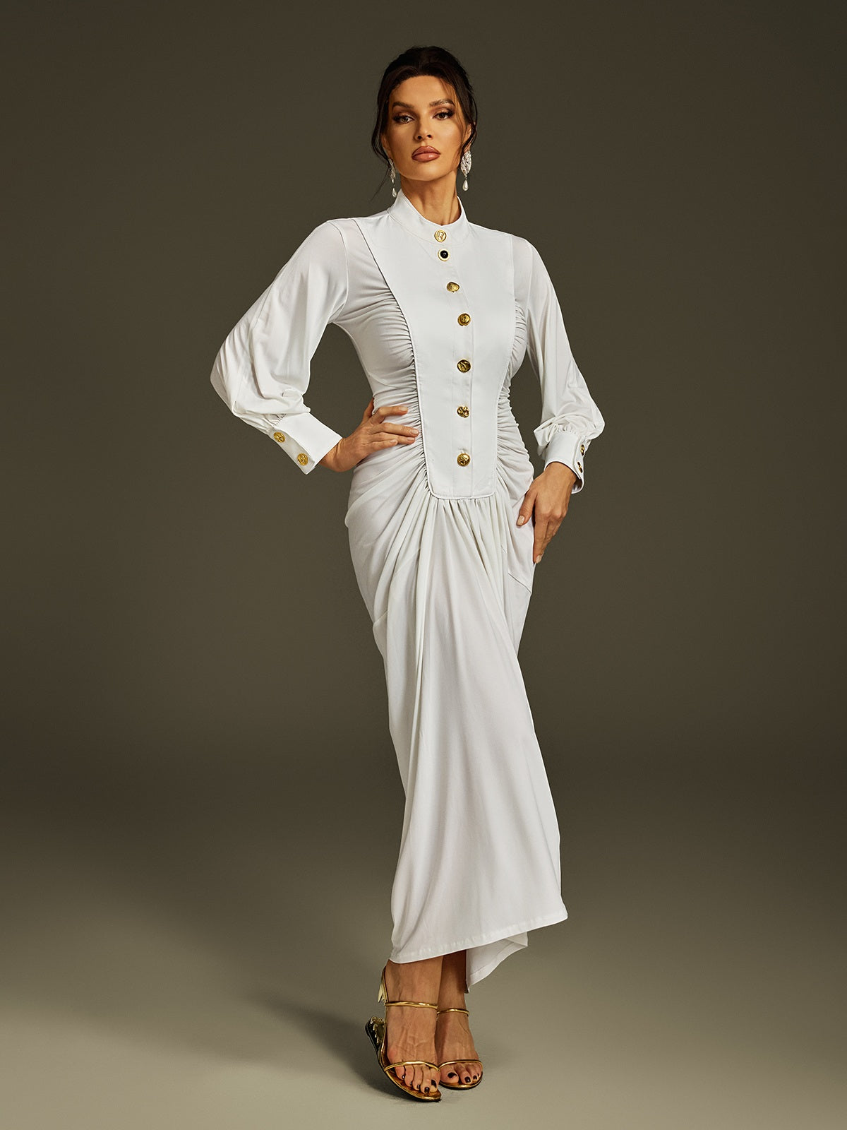 LEONA LONG SLEEVE RUCHED MIDI DRESS IN WHITE