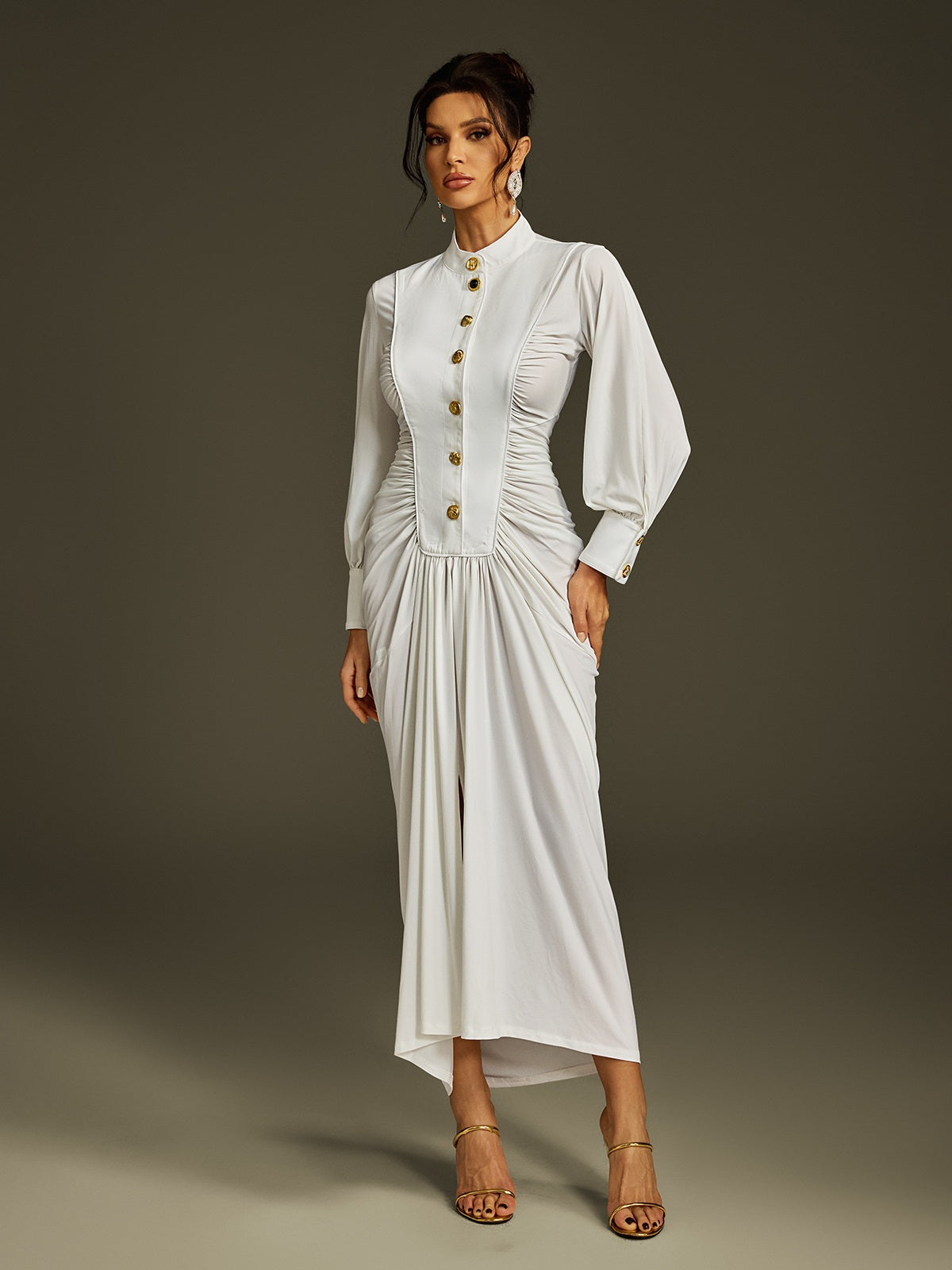 LEONA LONG SLEEVE RUCHED MIDI DRESS IN WHITE