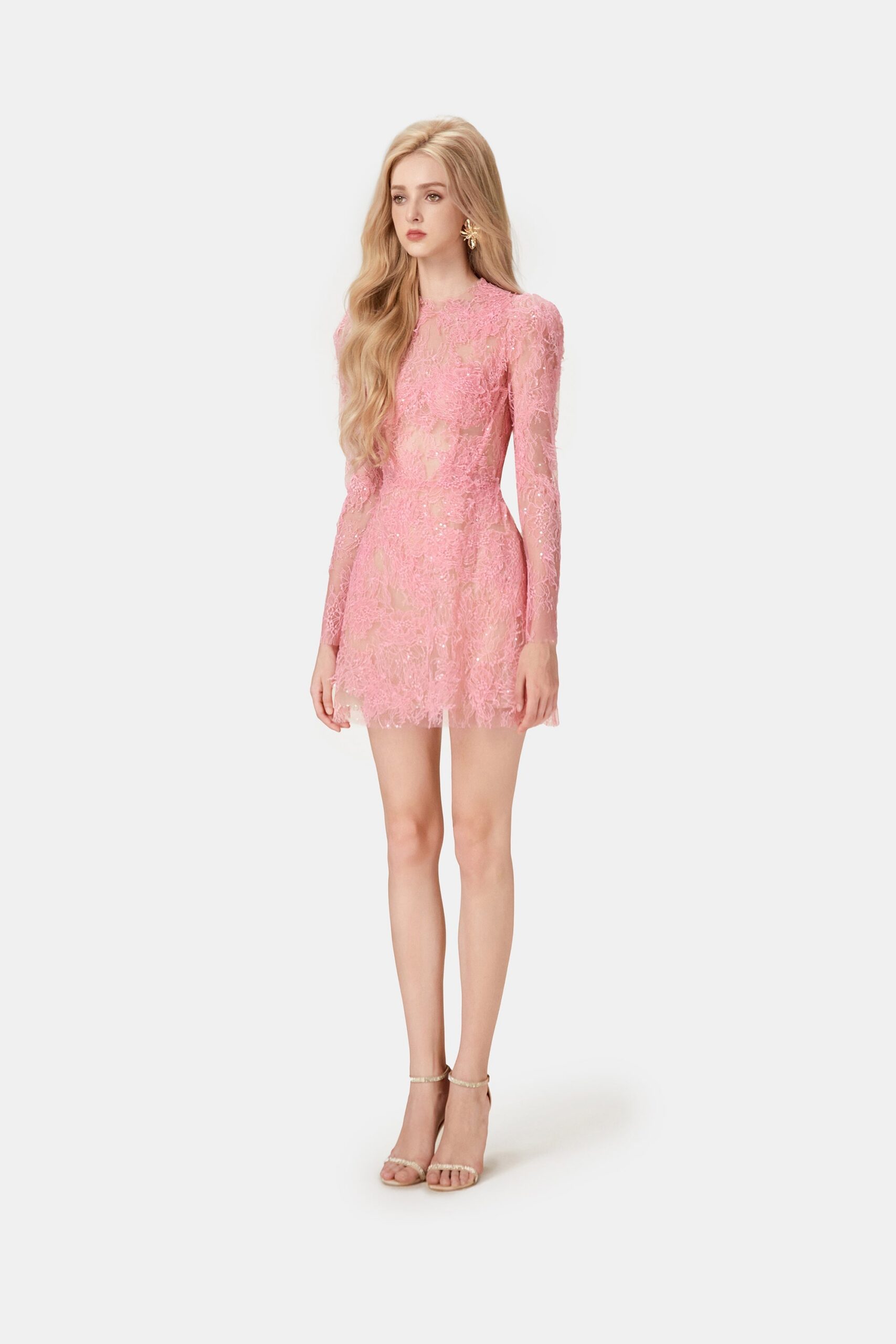 PINK BEADED LACE COCKTAIL MINI DRESS