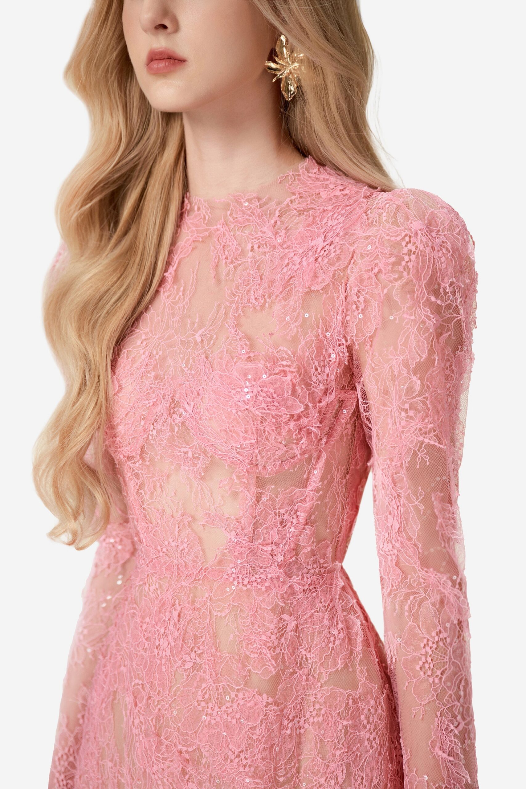 PINK BEADED LACE COCKTAIL MINI DRESS