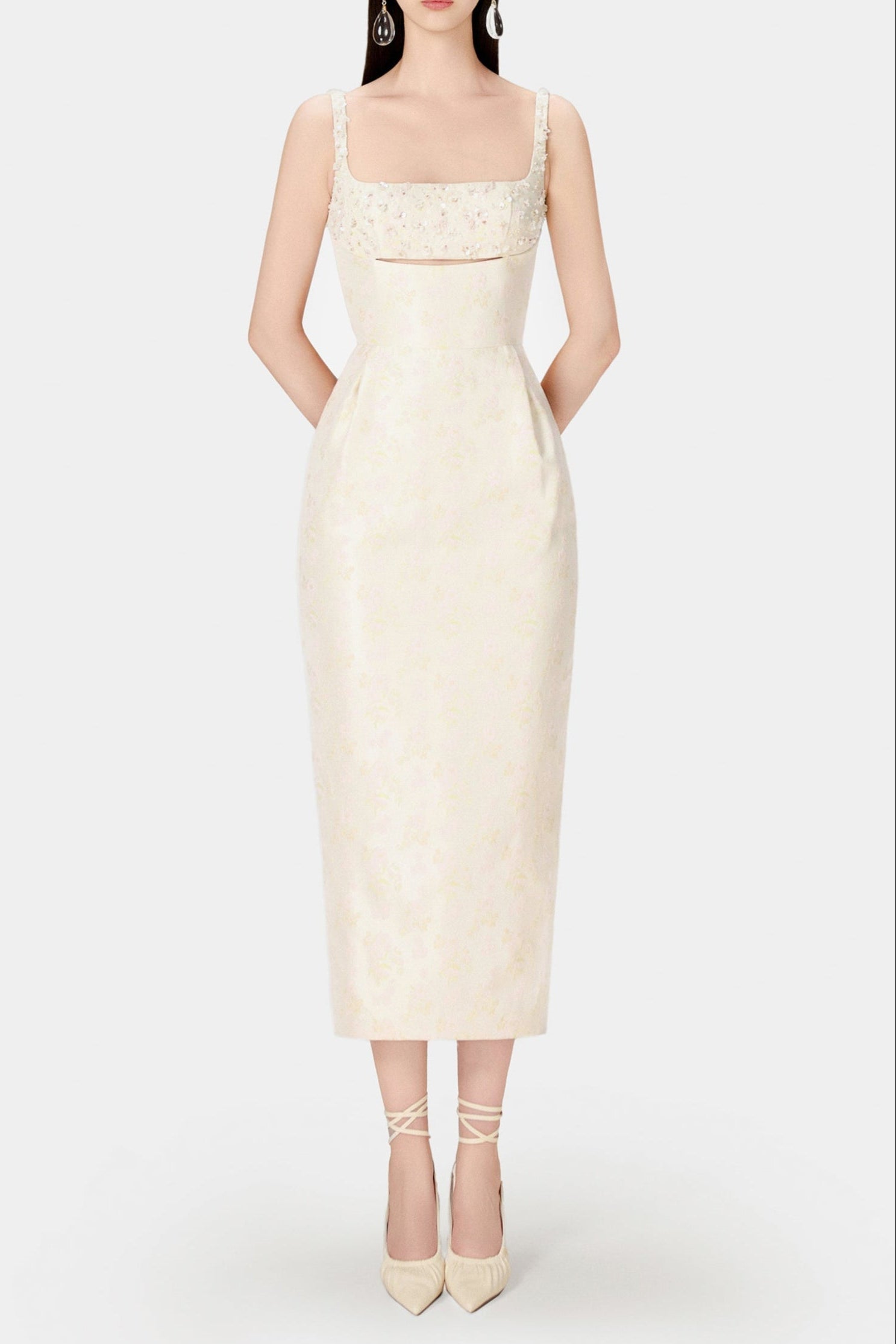 BEADED BROCADE PENCIL MIDI DRESS FOR EVENING