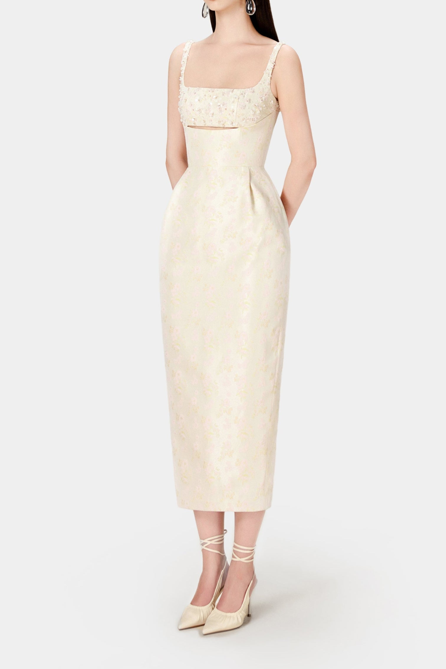 BEADED BROCADE PENCIL MIDI DRESS FOR EVENING