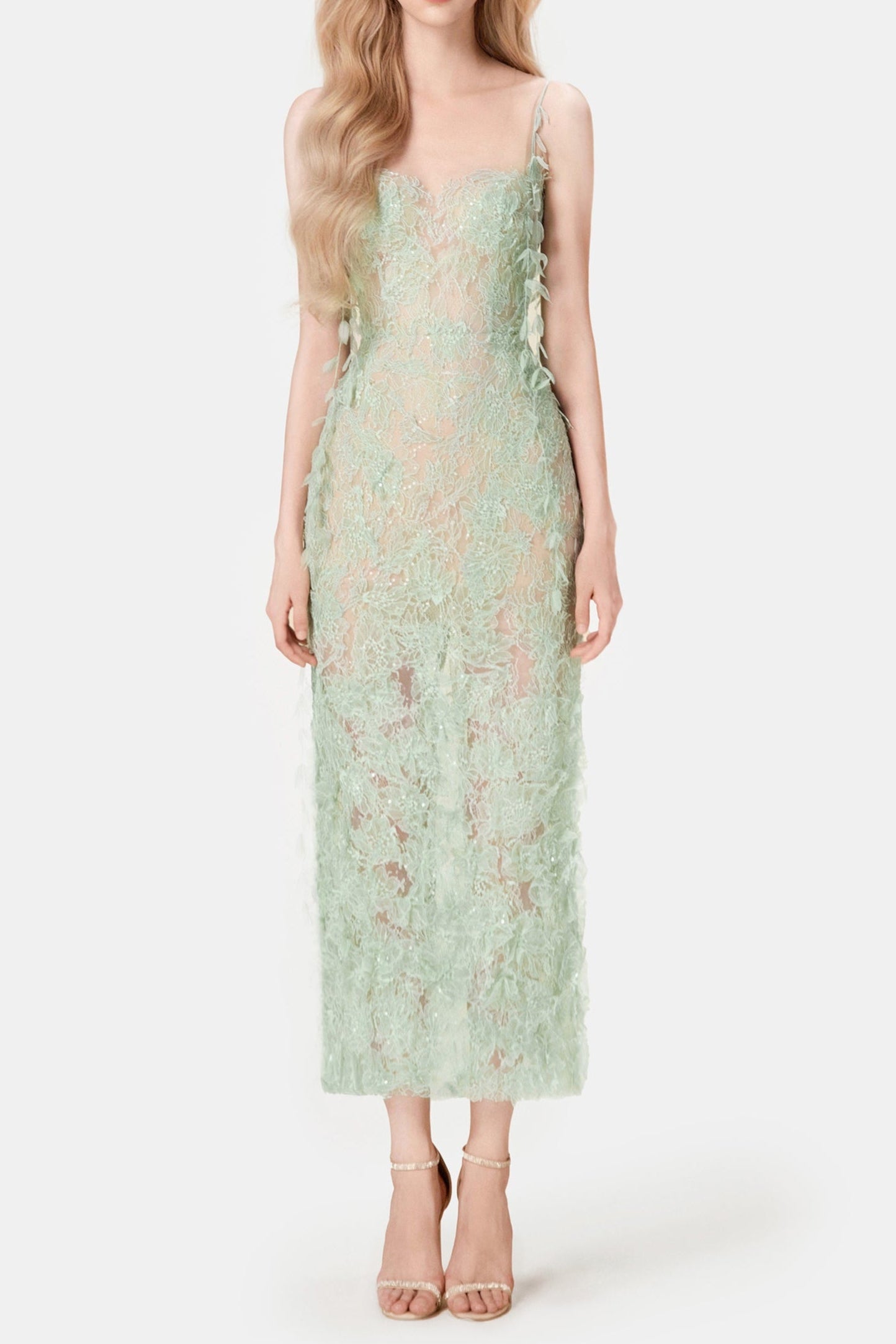 MINT BEADED LACE PENCIL COCKTAIL DRESS