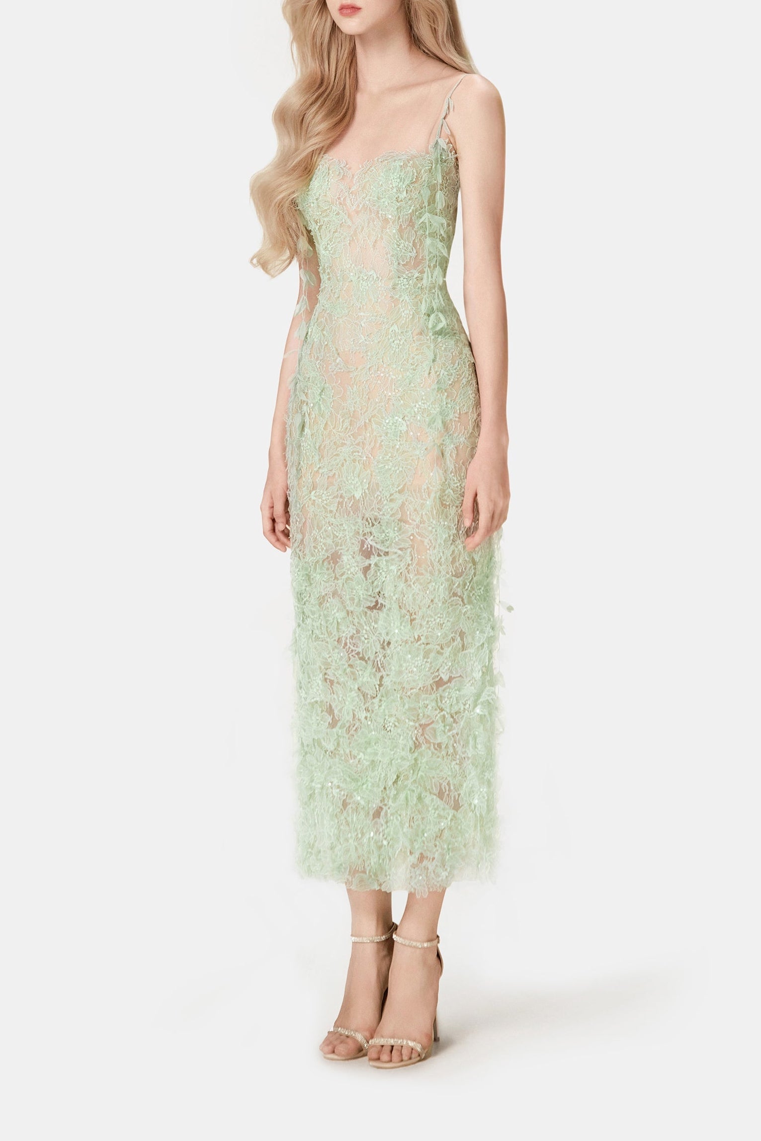 MINT BEADED LACE PENCIL COCKTAIL DRESS