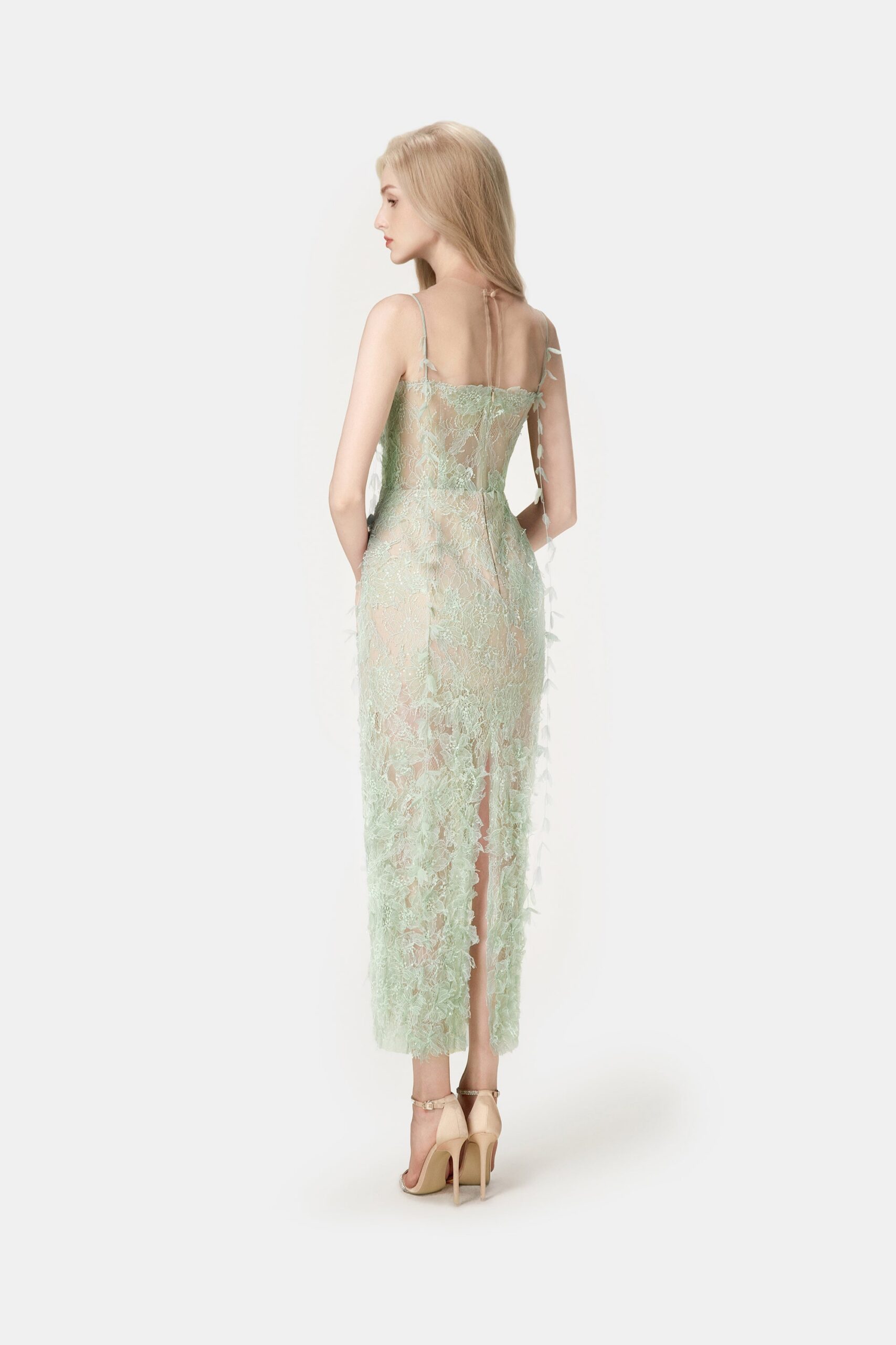 MINT BEADED LACE PENCIL COCKTAIL DRESS