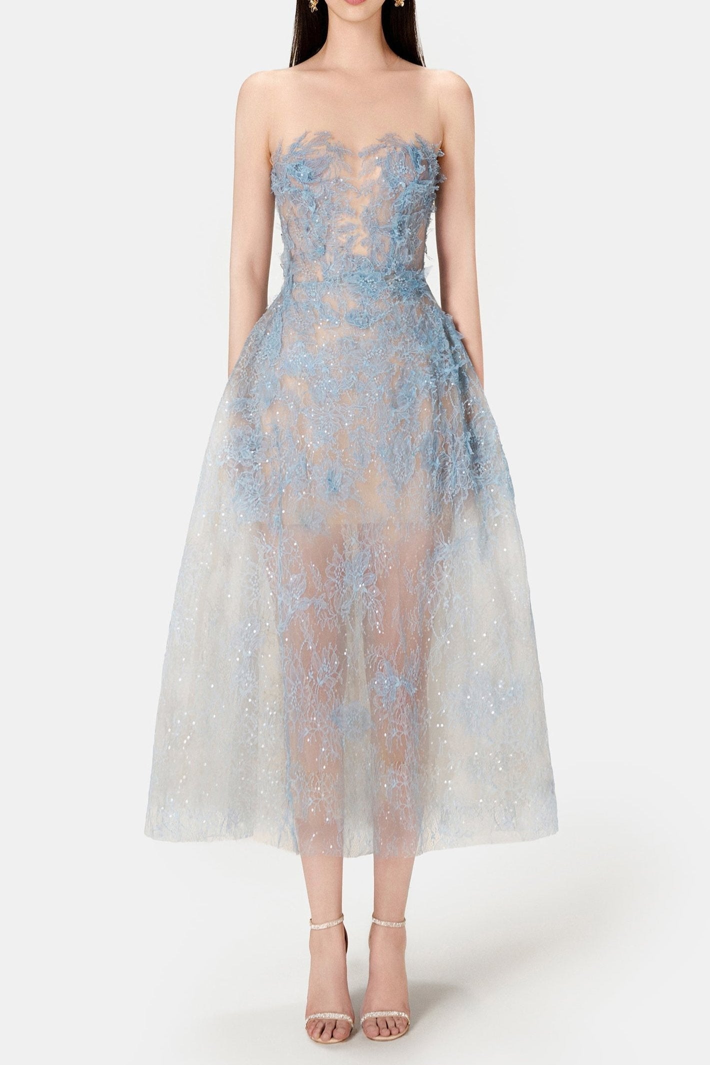 BLUE BEADED LACE COCKTAIL DRESS
