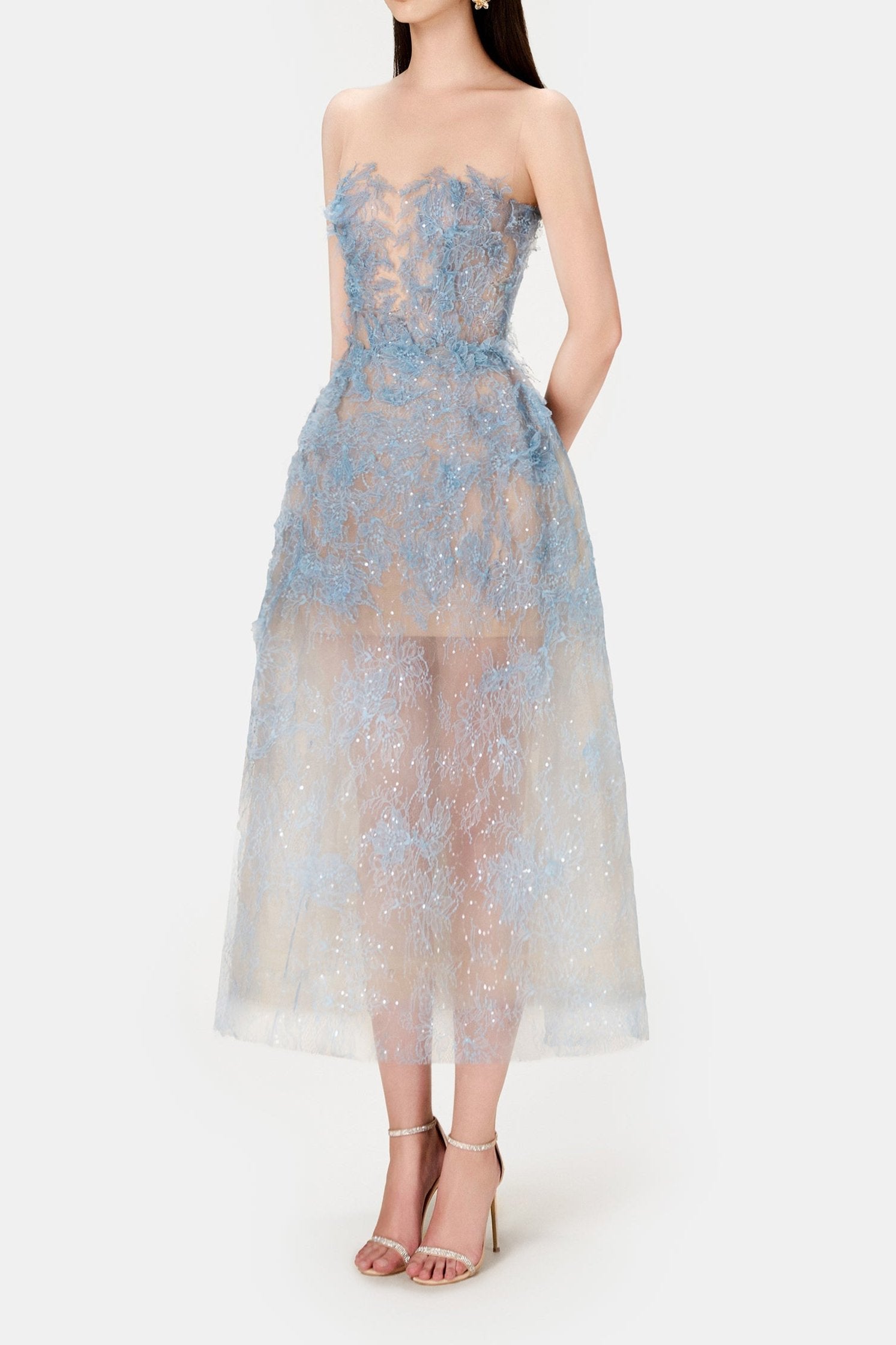 BLUE BEADED LACE COCKTAIL DRESS