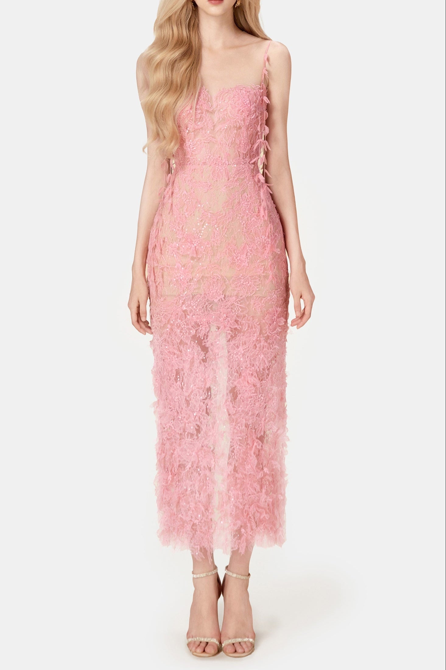 PINK BEADED LACE PENCIL COCKTAIL DRESS