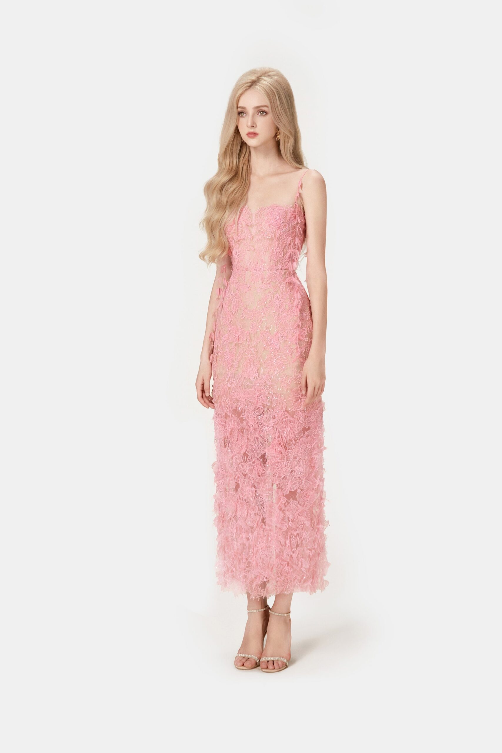 PINK BEADED LACE PENCIL COCKTAIL DRESS