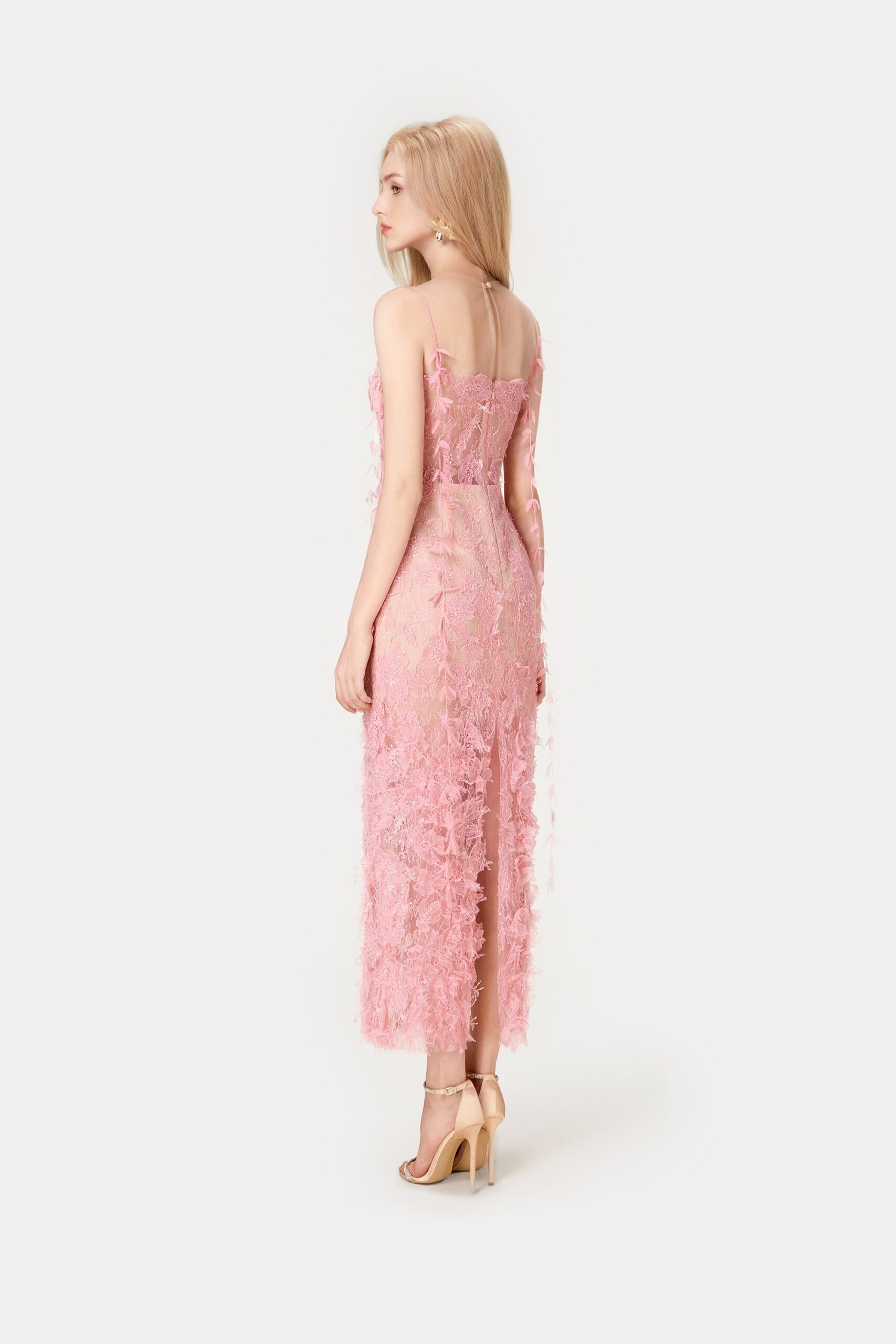 PINK BEADED LACE PENCIL COCKTAIL DRESS