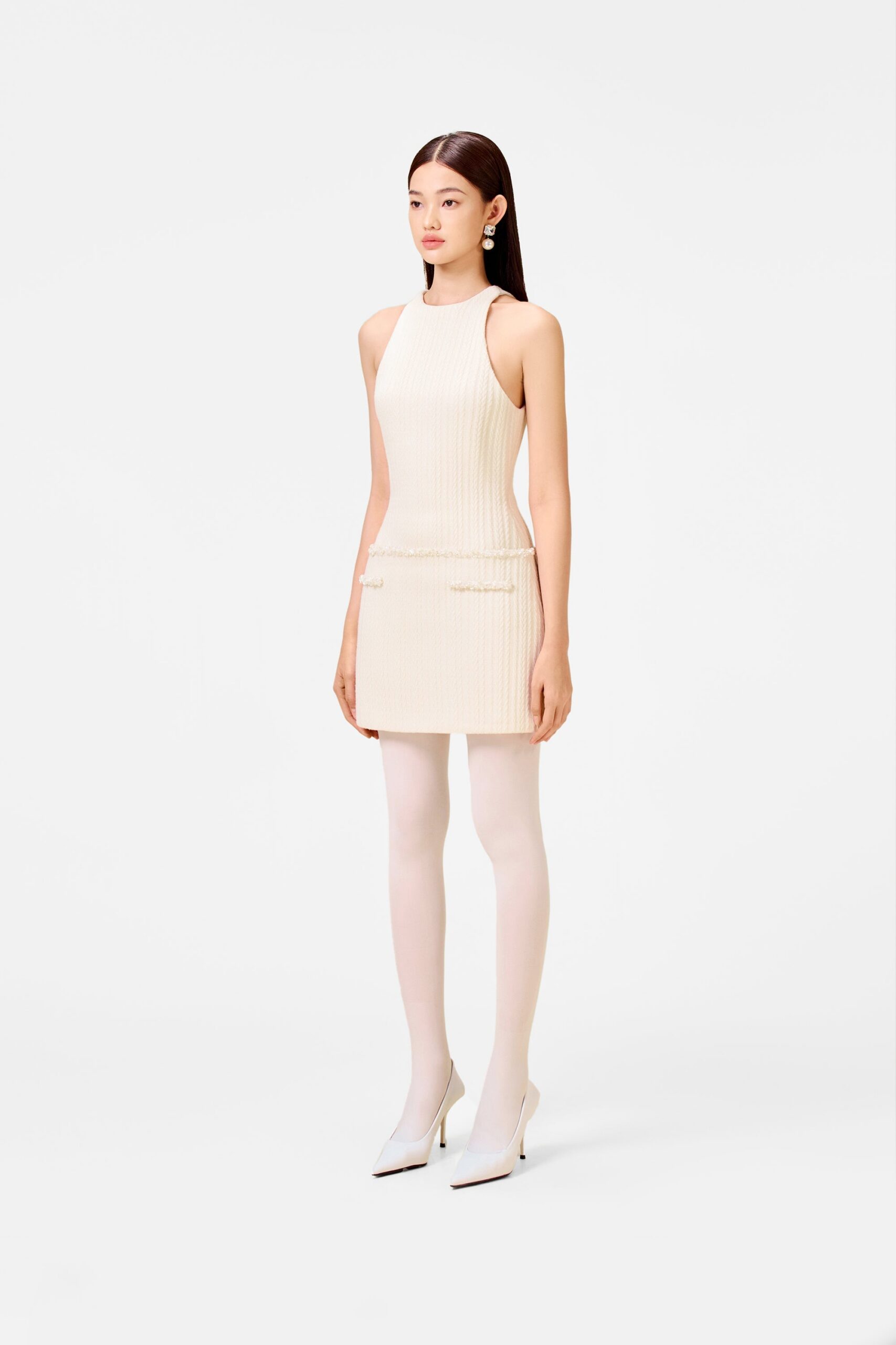 WHITE BEADED KNIT PARTY DRESS