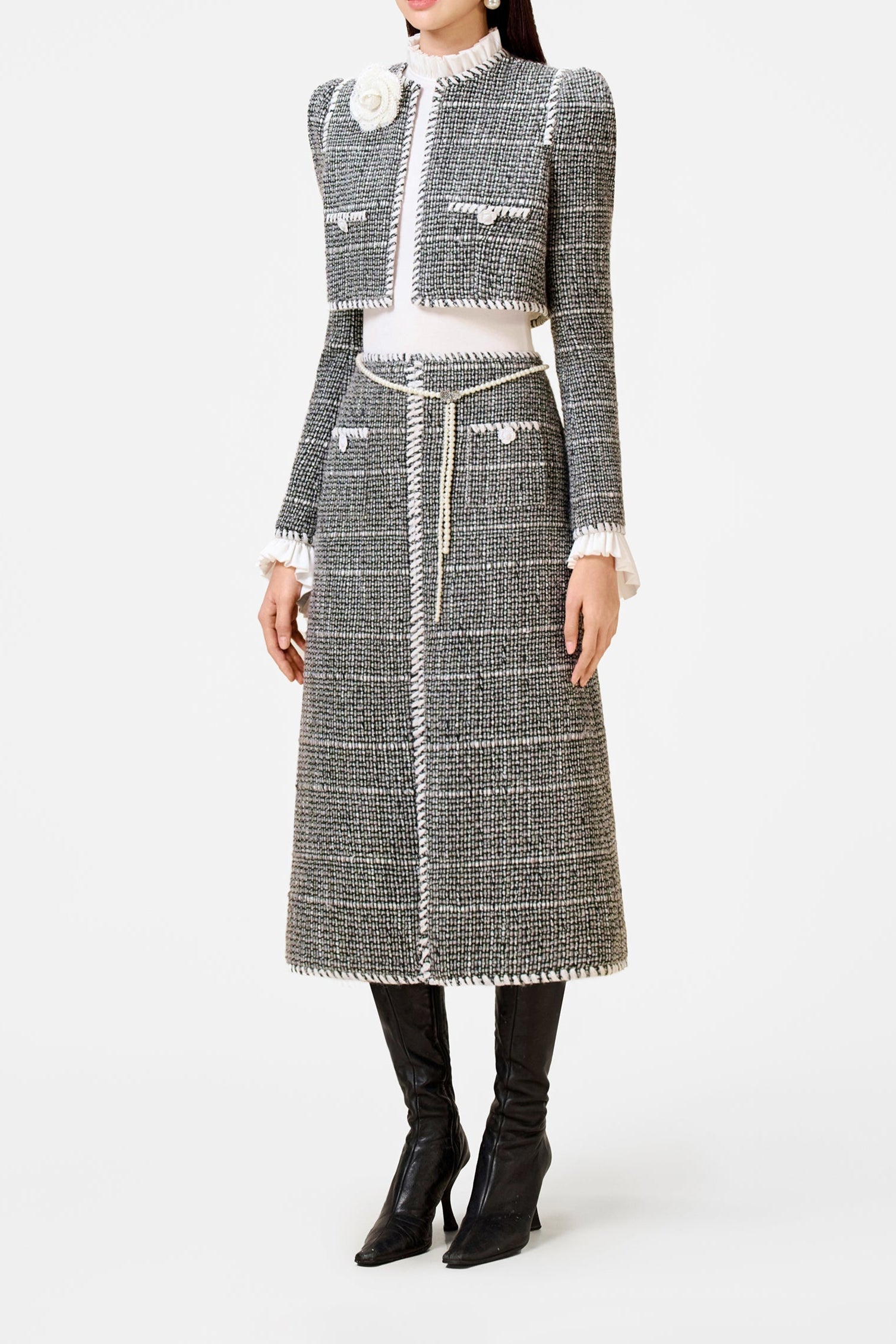 BLACK TWEED JACKET SET DRESS FOR WEDDING