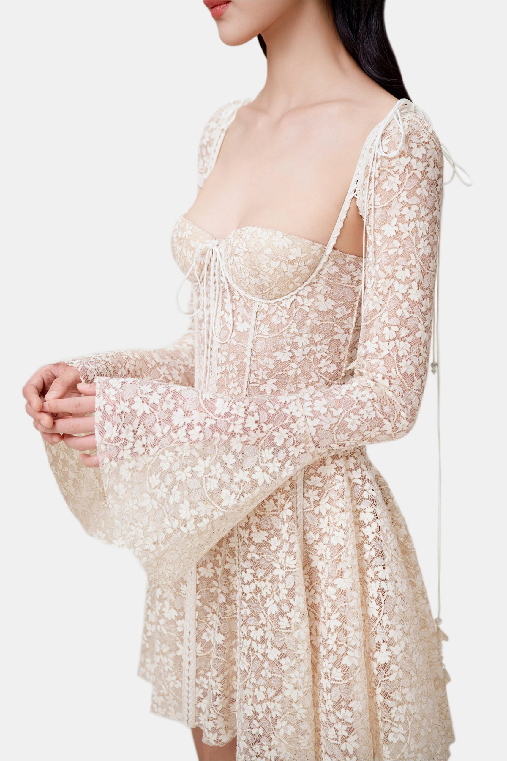 BEIGE LACE MINI DRESS FOR PARTY