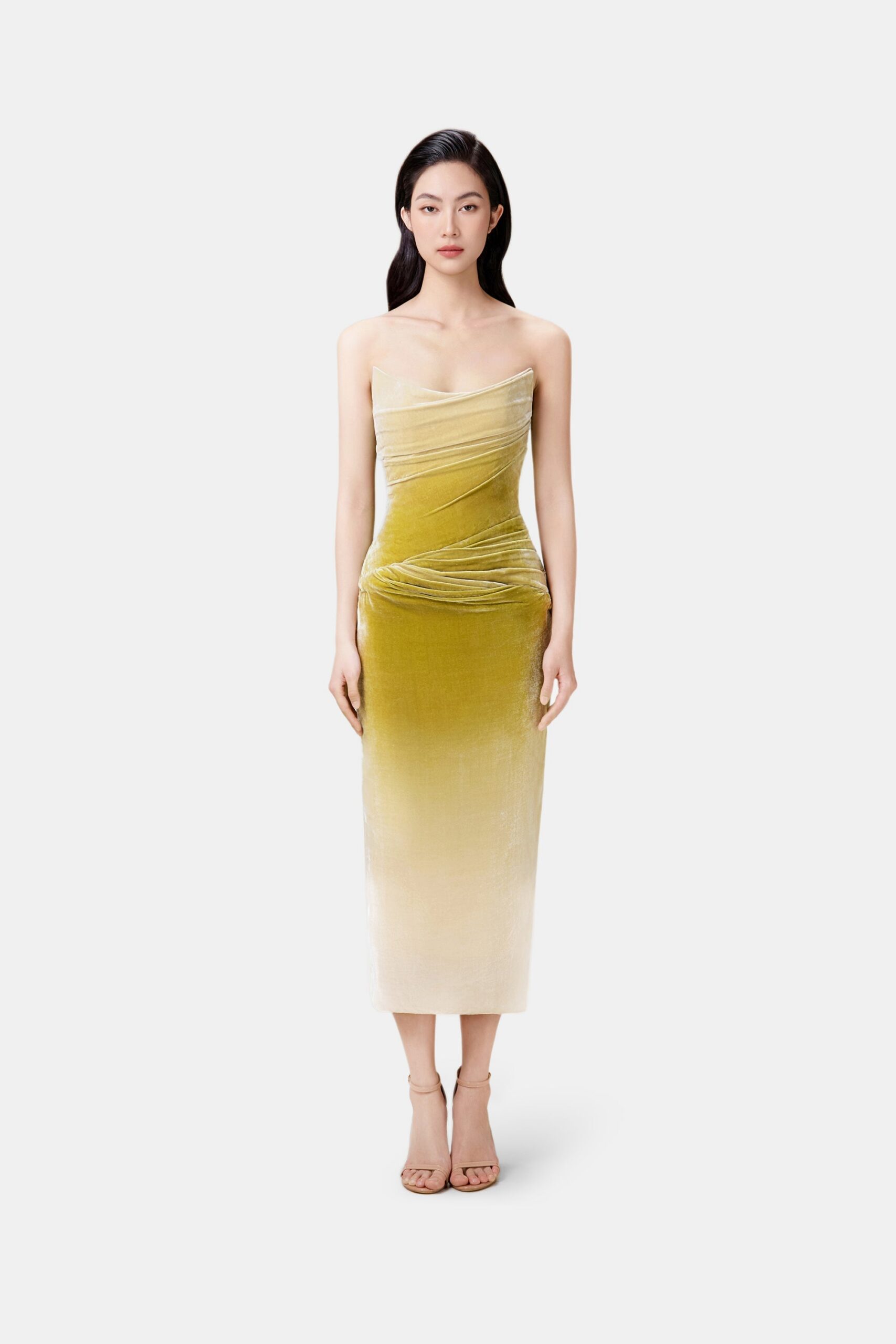 RUCHED VELVET STRAPLESS MIDI DRESS GREEN GRADIENT