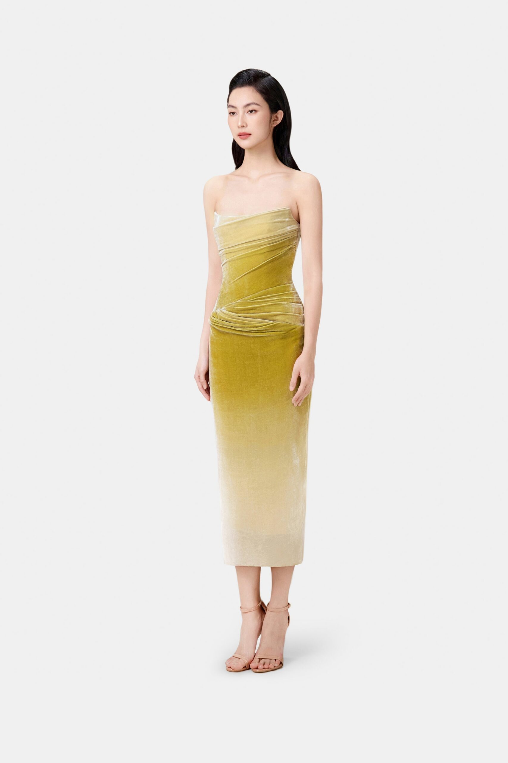 RUCHED VELVET STRAPLESS MIDI DRESS GREEN GRADIENT