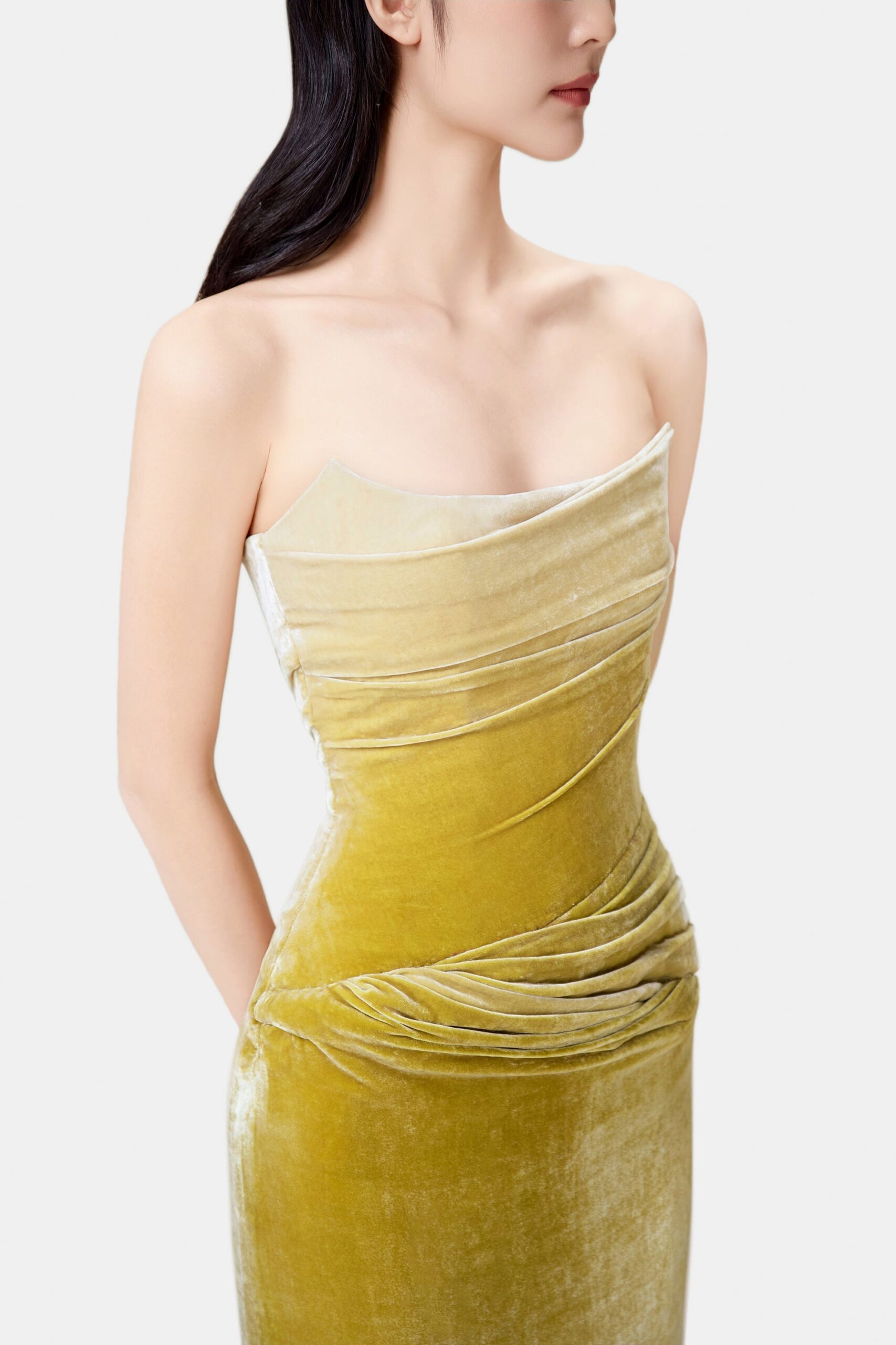 RUCHED VELVET STRAPLESS MIDI DRESS GREEN GRADIENT