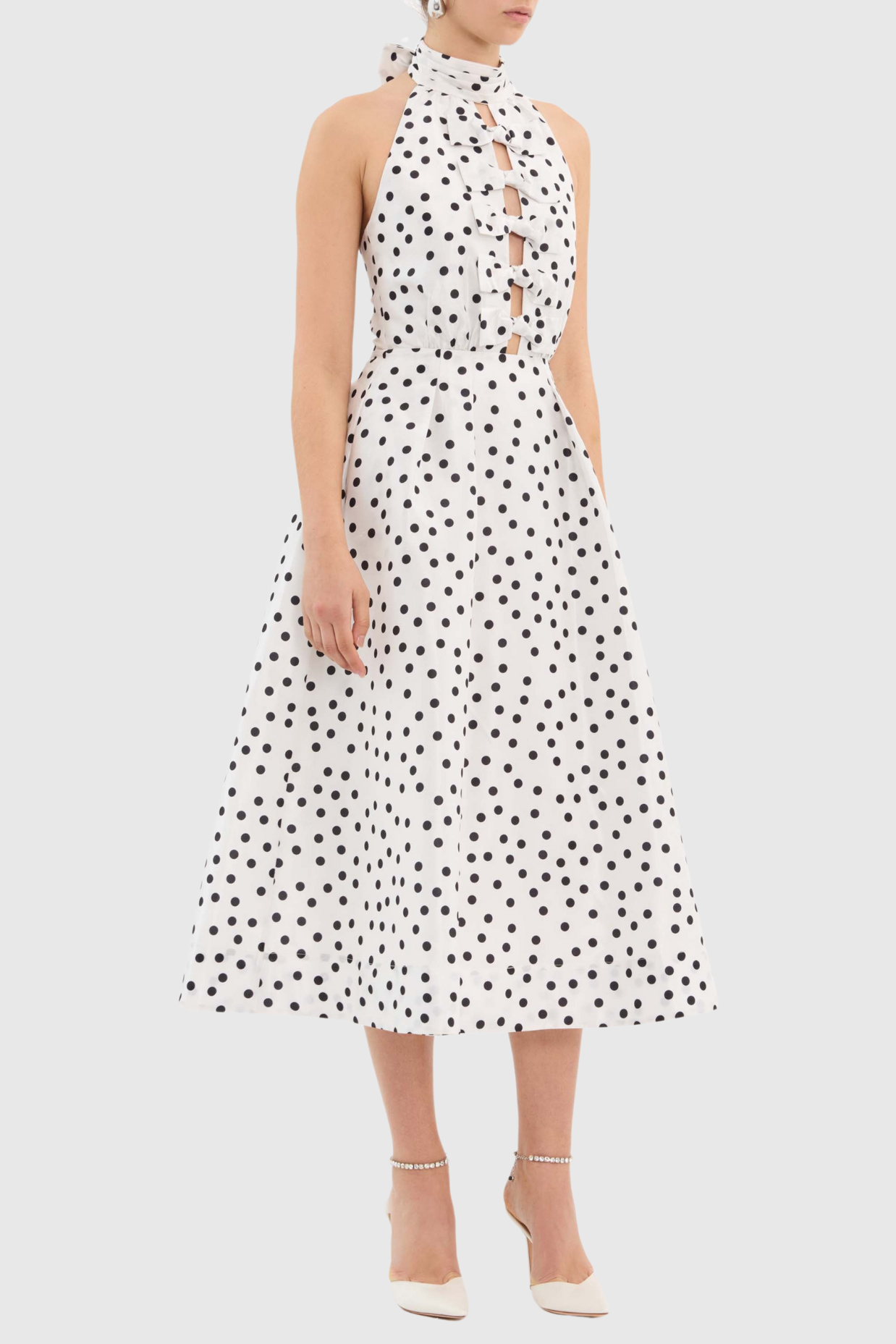 LONDA POLKA DOT HALTER BOW CUTOUT MIDI DRESS